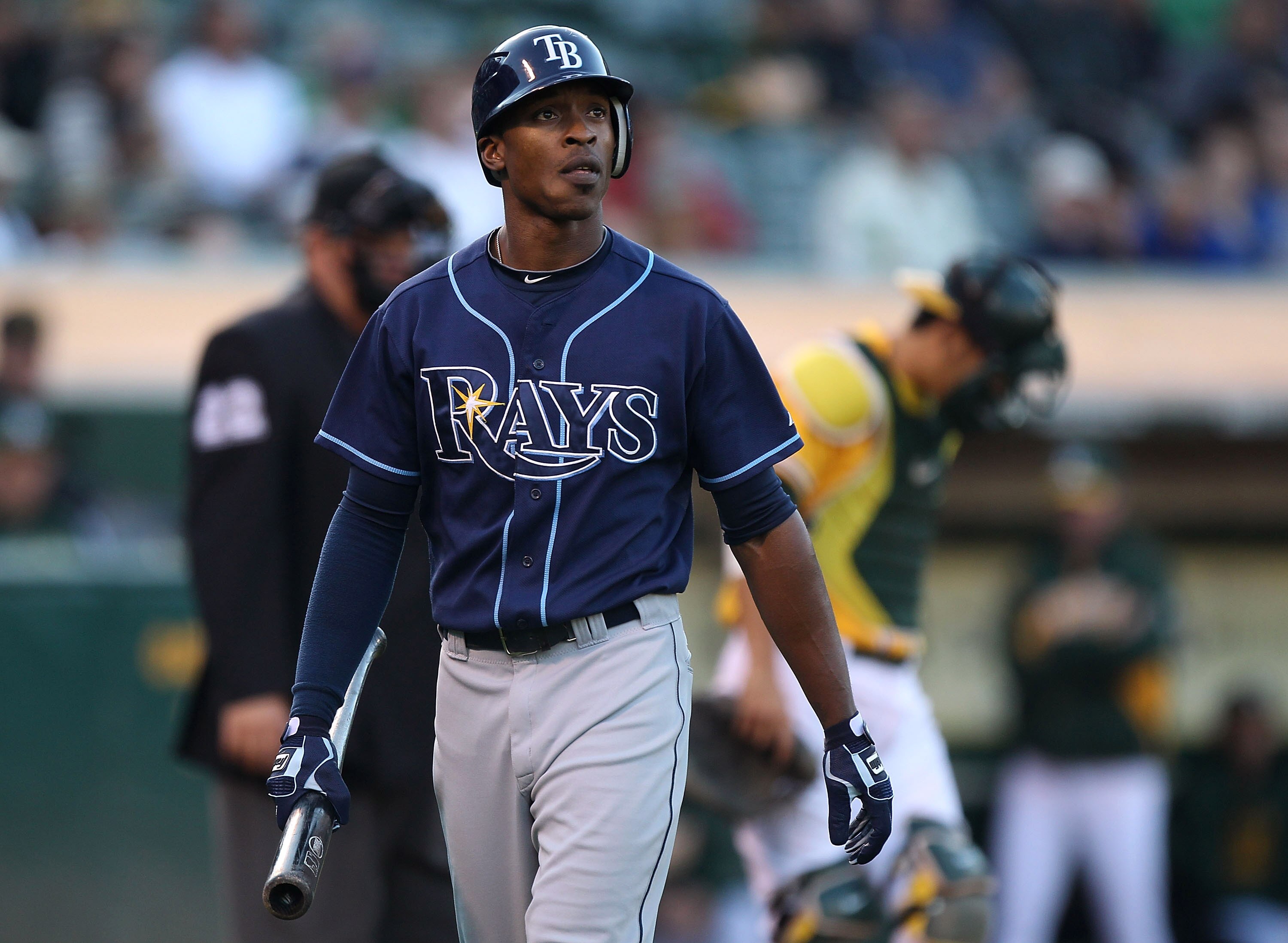 OAKLAND, CA - JULY 26:  B.J. Upton #2 of the Tampa Bay Rays strikes out in the first inning against the Oakland Athletics at the O.co Coliseum on July 26, 2011 in Oakland, California.  (Photo by Jed Jacobsohn/Getty Images)