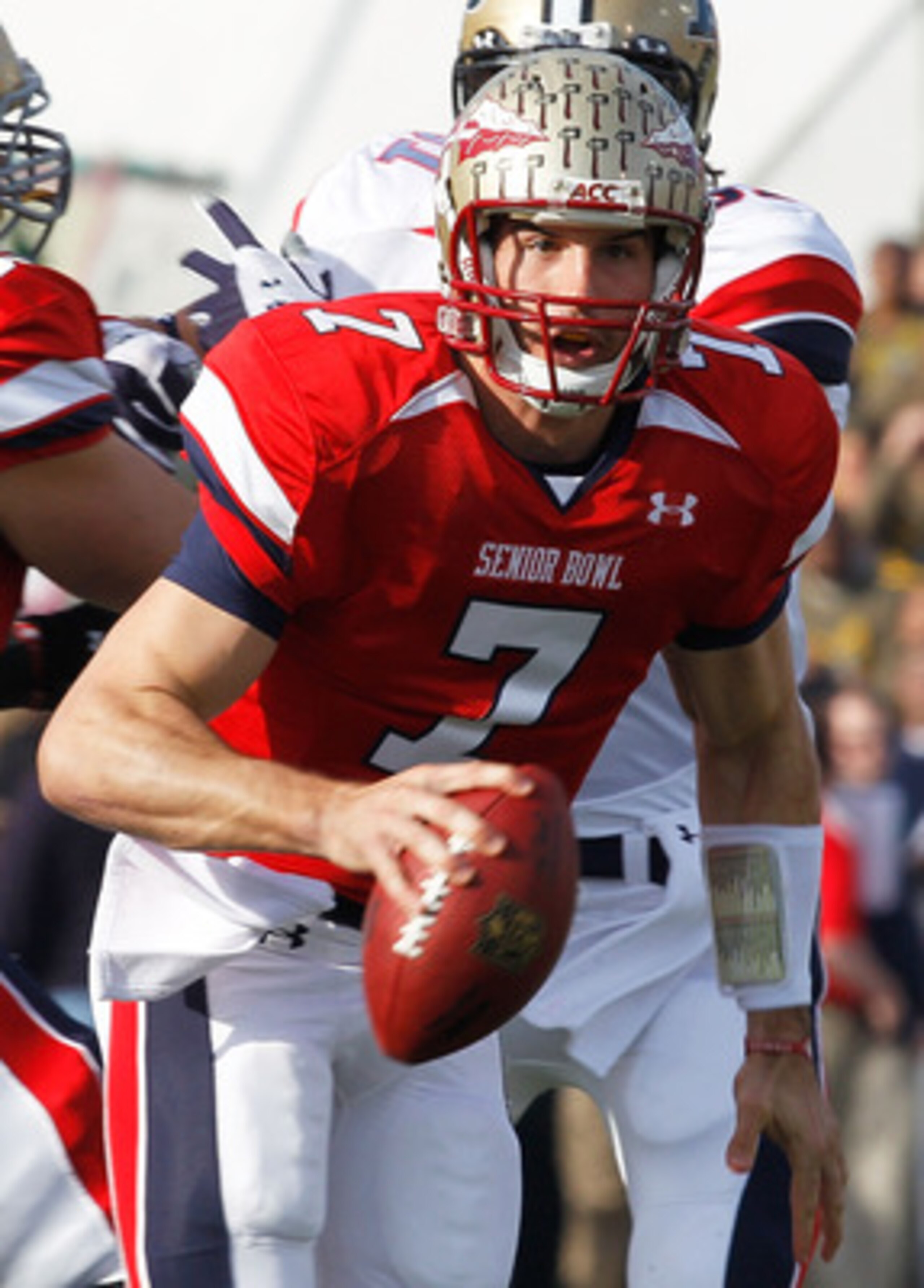 MOBILE, AL - JANUARY 29: Quarteback Christian Ponder #7 of the South Team scrambles out of the pocket against the North Team during the second quarter of the Under Armour Senior Bowl on January 29, 2011 at Ladd-Pebbles Stadium in Mobile, Alabama.  (Photo 