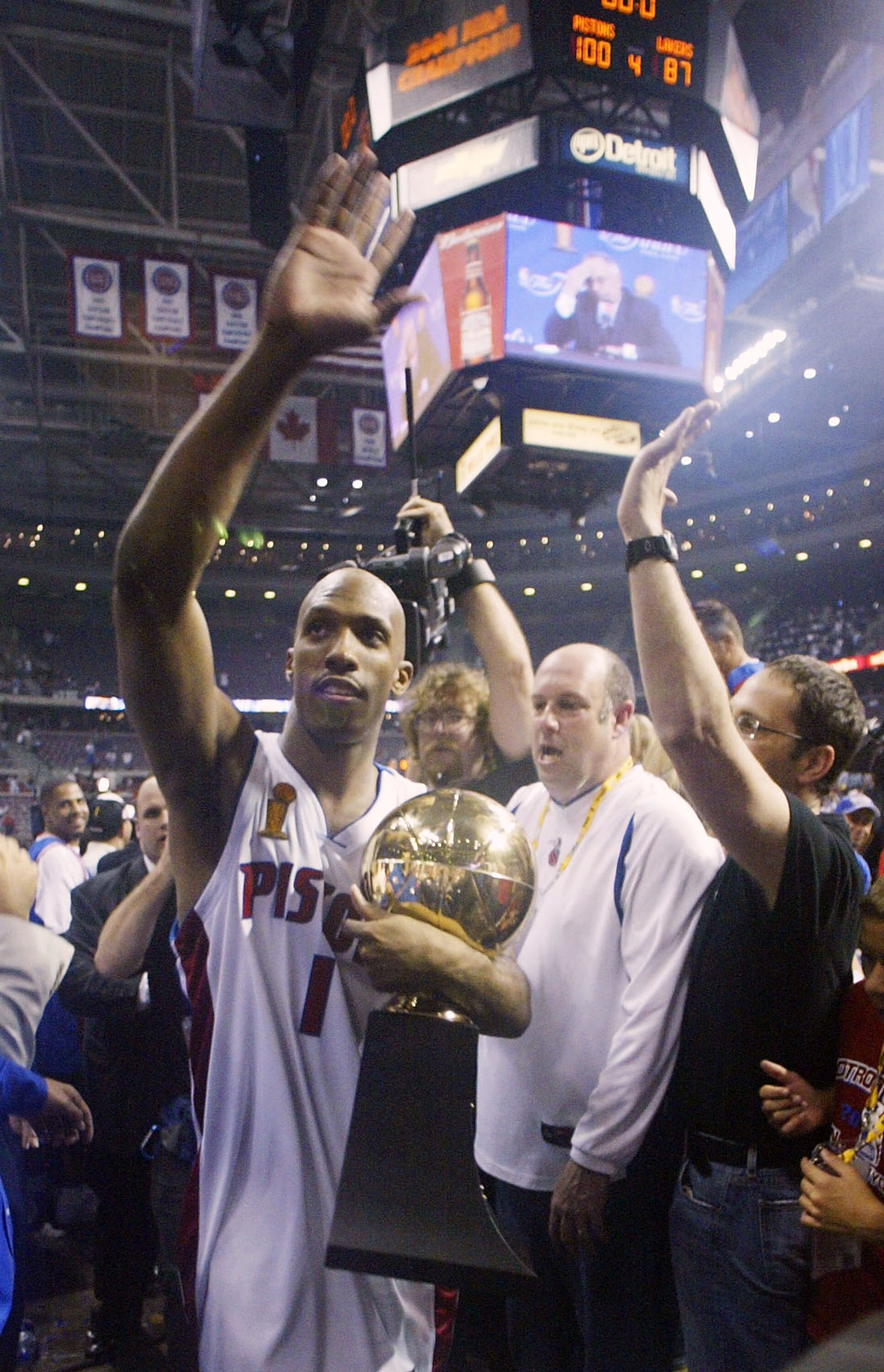 AUBURN HILLS, MI - JUNE 15:  Chauncey Billups #1 of the Detroit Pistons celebrates with the MVP trophy while leaving the court after defeating the Los Angeles Lakers 100-87 in game five of the 2004 NBA Finals on June 15, 2004 at The Palace of Auburn Hills