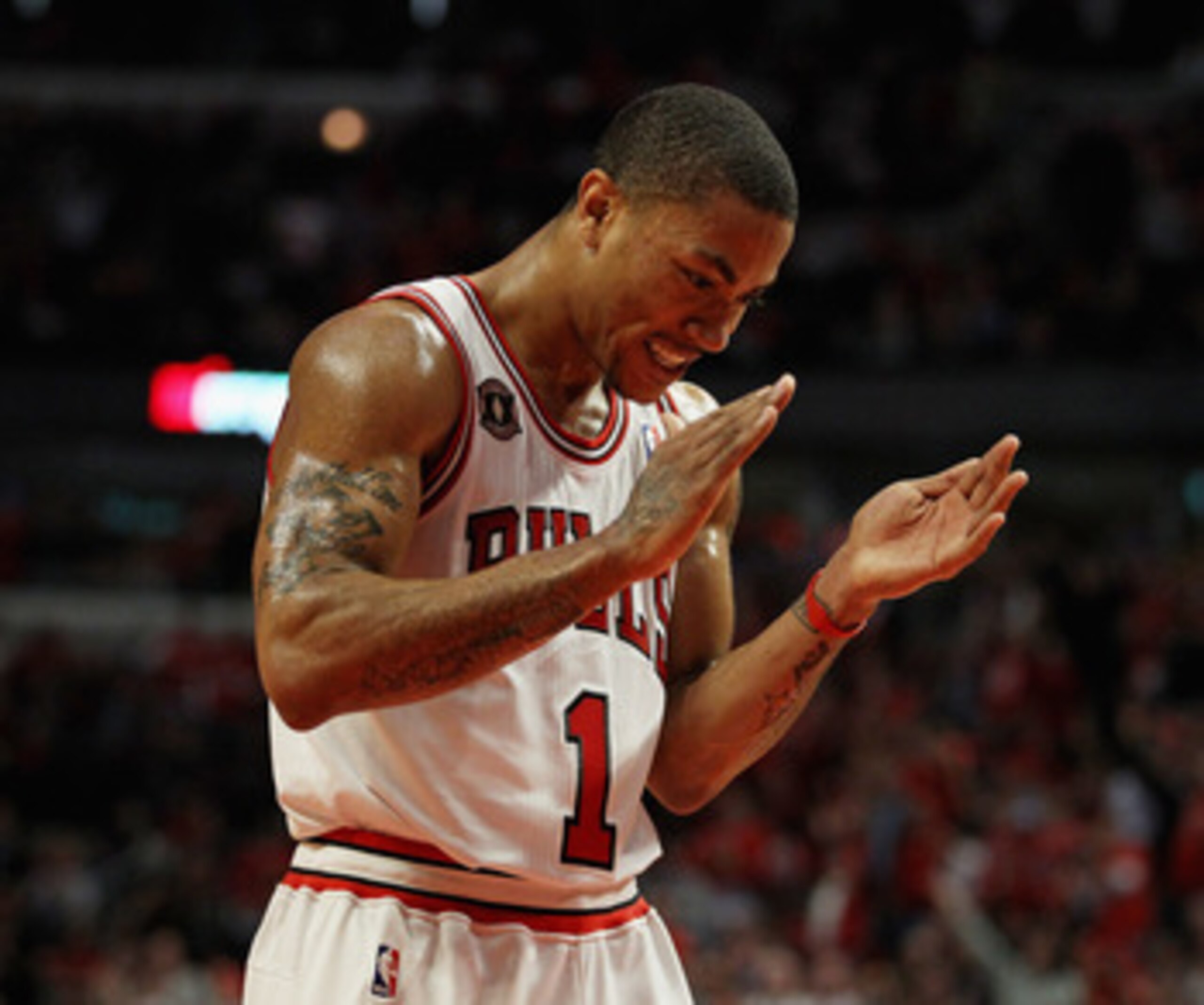 CHICAGO, IL - APRIL 26: Derrick Rose #1 of the Chicago Bulls claps while celebrating a play against the Indiana Pacers in Game Five of the Eastern Conference Quarterfinals in the 2011 NBA Playoffs at the United Center on April 26, 2011 in Chicago, Illinoi