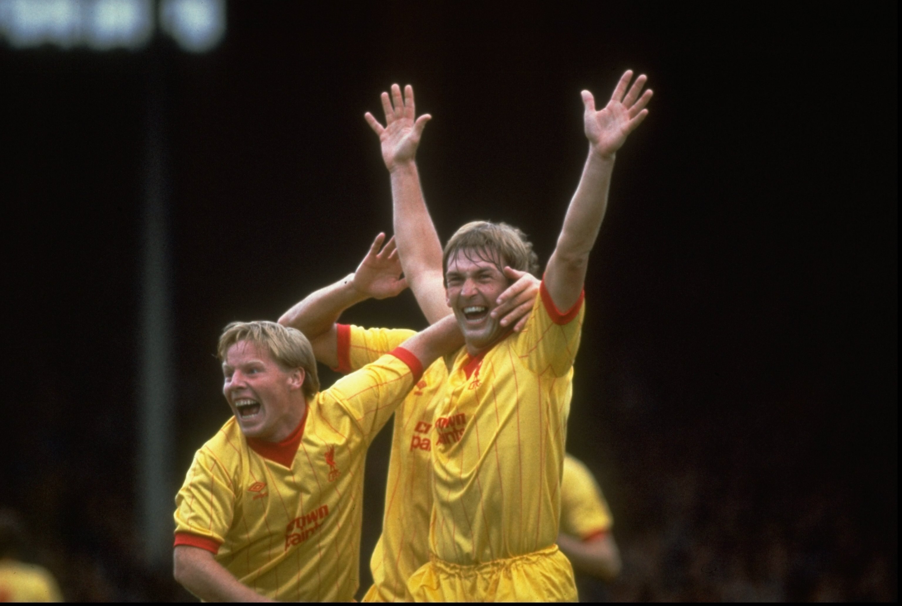 1983:  Sammy Lee (left) and Kenny Dalglish (right) of Liverpool celebrate Dalglish's goal during the Division One match against Arsenal at Highbury in London. \ Mandatory Credit: Allsport UK /Allsport