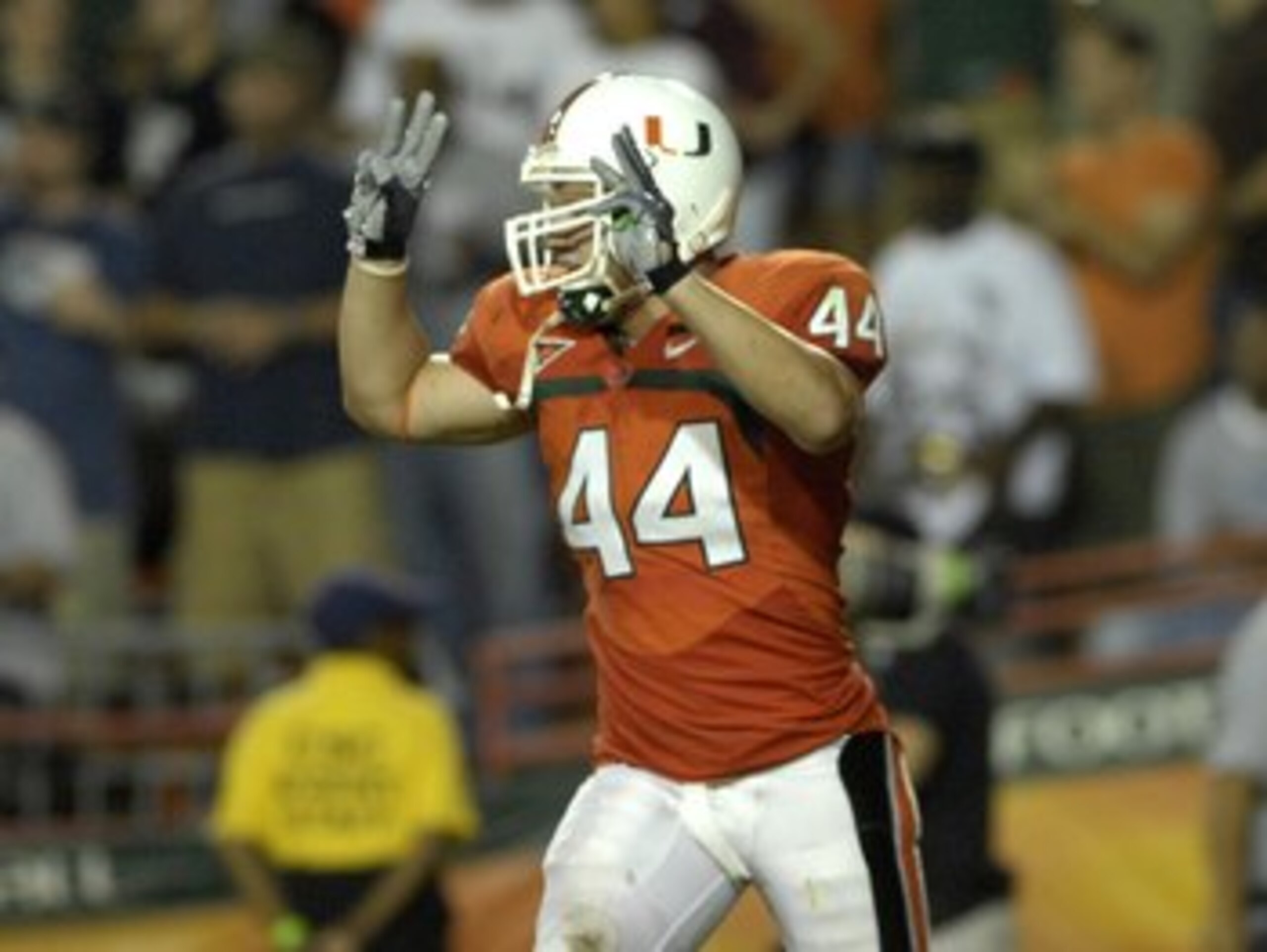 MIAMI, FL - SEPTEMBER 20: Linebacker Colin McCarthy #44 of the University of Miami Hurricanes celebrates a defensive play against the Texas A&M Aggies at the Orange Bowl on September 20, 2007 in Miami, Florida. Miami won 31-17. (Photo by Al Messerschmi MIAMI, FL - SEPTEMBER 20: Linebacker Colin McCarthy #44 of the University of Miami Hurricanes celebrates a defensive play against the Texas A&M Aggies at the Orange Bowl on September 20, 2007 in Miami, Florida. Miami won 31-17. (Photo by Al Messerschmi