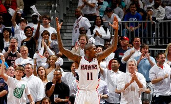 ATLANTA, GA - APRIL 28:  Jamal Crawford #11 of the Atlanta Hawks reacts to the fans after a basket against the Orlando Magic during Game Six of the Eastern Conference Quarterfinals in the 2011 NBA Playoffs at Philips Arena on April 28, 2011 in Atlanta, Ge