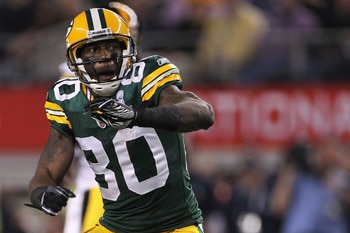 ARLINGTON, TX - FEBRUARY 06:  Donald Driver #80 of the Green Bay Packers reacts after catching a 24 yard pass against the Pittsburgh Steelers during the first quarter of Super Bowl XLV at Cowboys Stadium on February 6, 2011 in Arlington, Texas.  (Photo by