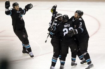 SAN JOSE, CA - APRIL 29:  Benn Ferriero #78 of the San Jose Sharks is congratulated by teammates after he scored the winning goal in overtime of their game against the Detroit Red Wings in Game One of the Western Conference Semifinals during the 2011 NHL