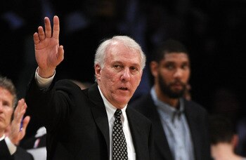 LOS ANGELES, CA - APRIL 12:  Head Coach Gregg Popovich of the San Antonio Spurs reacts from the bench during a 102-93 Los Angeles Lakers win at Staples Center on April 12, 2011 in Los Angeles, California.  NOTE TO USER: User expressly acknowledges and agr
