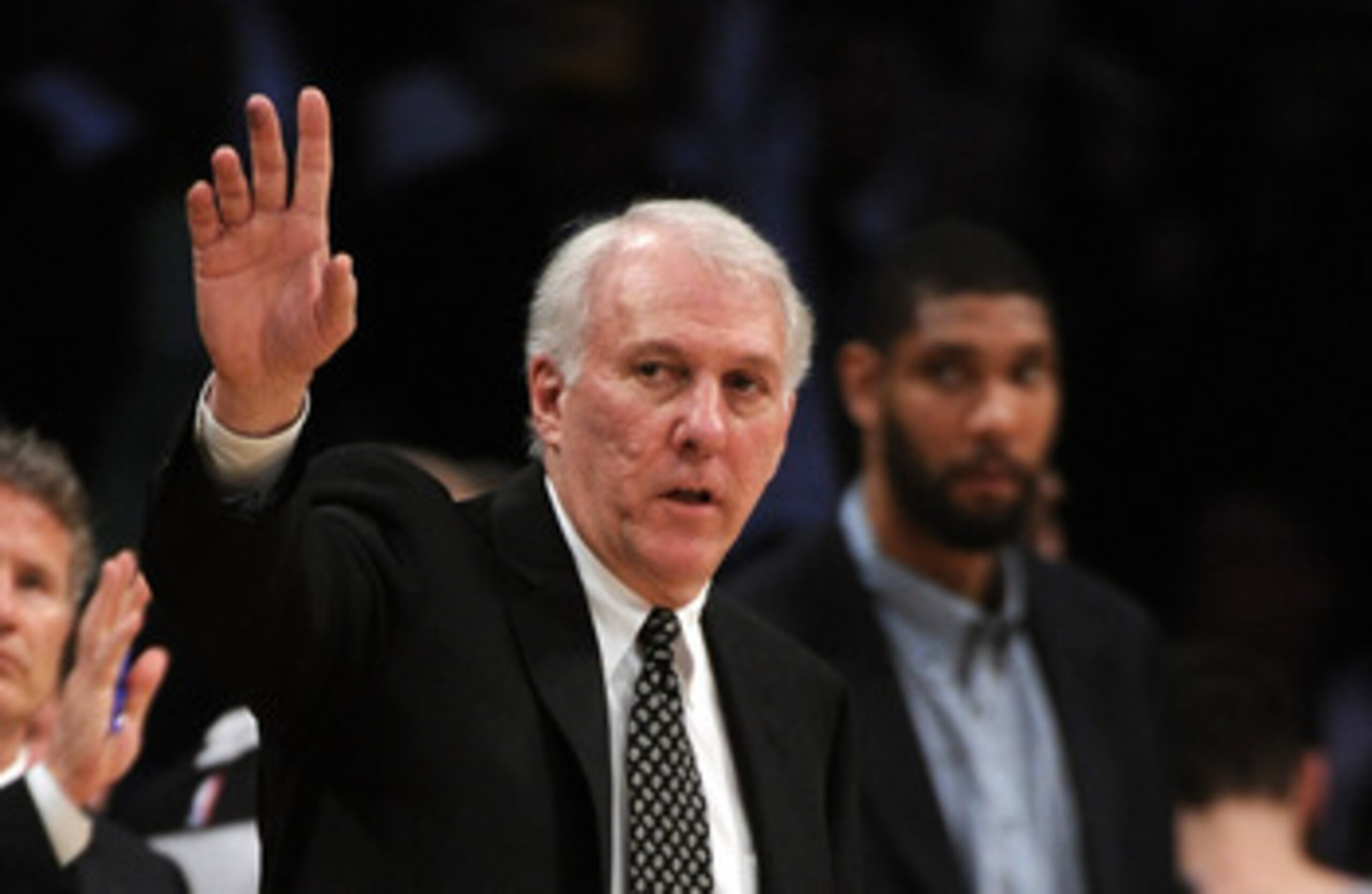 LOS ANGELES, CA - APRIL 12: Head Coach Gregg Popovich of the San Antonio Spurs reacts from the bench during a 102-93 Los Angeles Lakers win at Staples Center on April 12, 2011 in Los Angeles, California. NOTE TO USER: User expressly acknowledges and agr LOS ANGELES, CA - APRIL 12: Head Coach Gregg Popovich of the San Antonio Spurs reacts from the bench during a 102-93 Los Angeles Lakers win at Staples Center on April 12, 2011 in Los Angeles, California. NOTE TO USER: User expressly acknowledges and agr