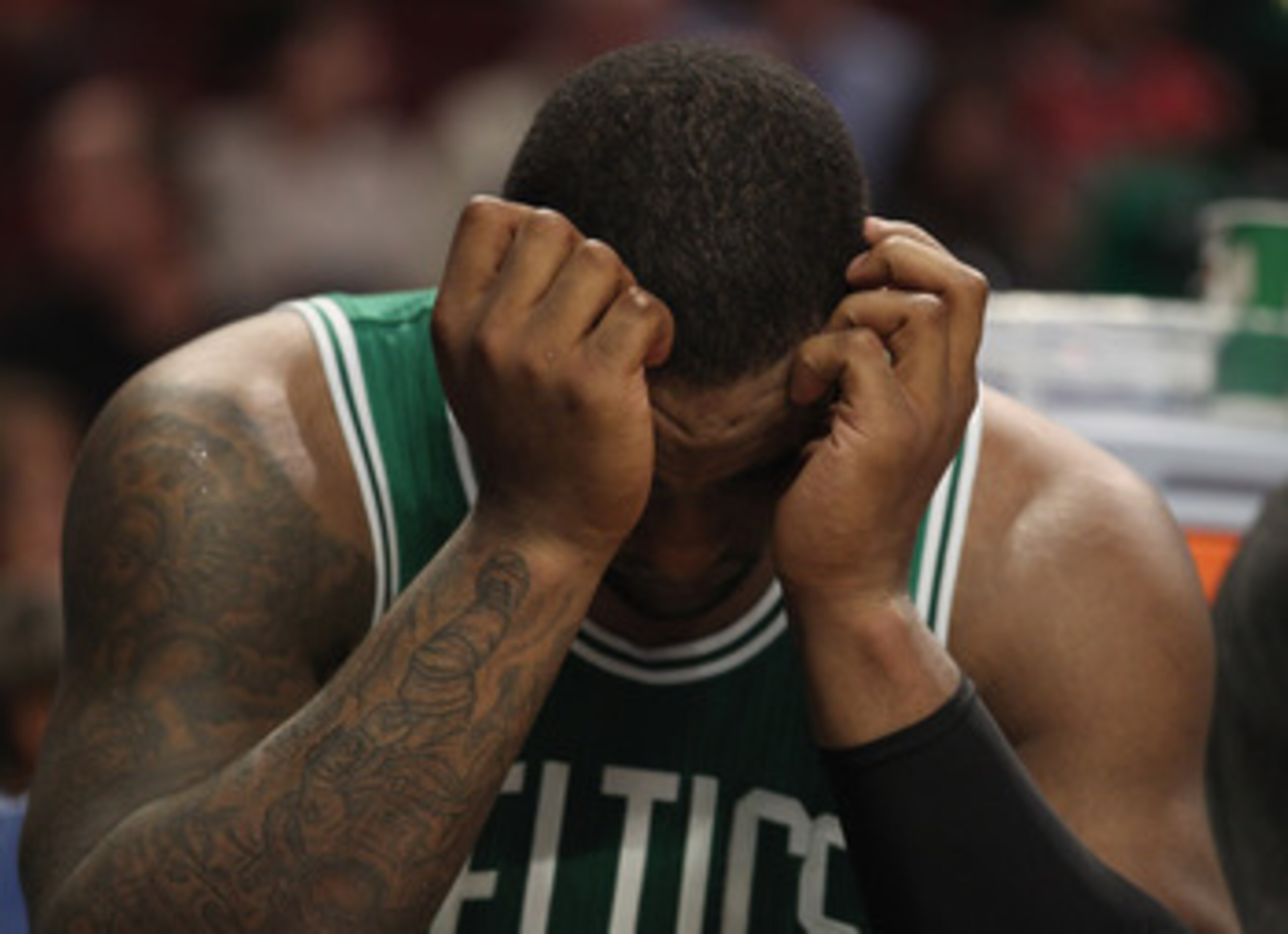 CHICAGO, IL - APRIL 07: Glen Davis #11 of the Boston Celtics reacts on the bench near the end of a loss to the Chicago Bulls at United Center on April 7, 2011 in Chicago, Illinois. The Bulls defeated the Celtics 97-81. NOTE TO USER: User expressly acknowl