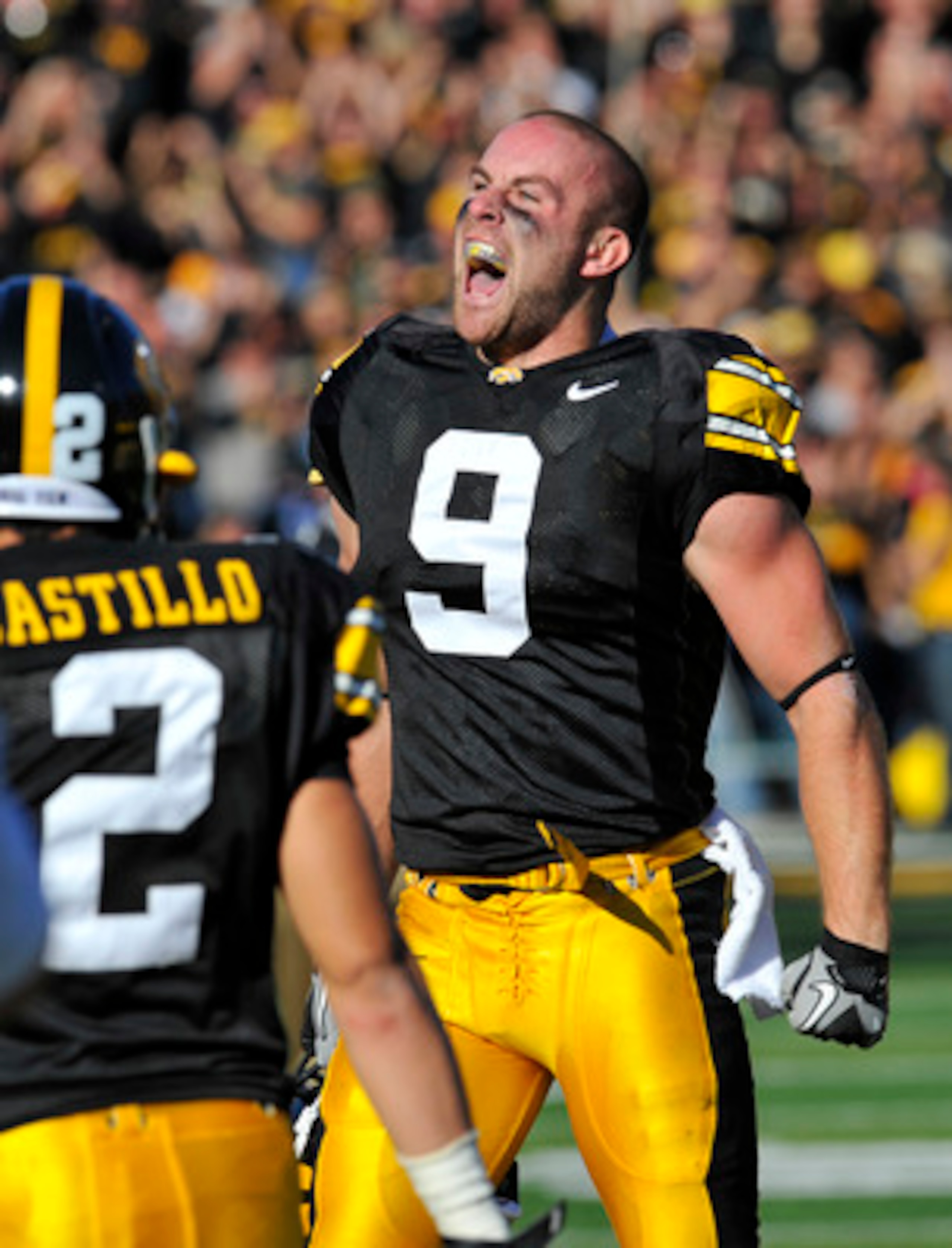 IOWA CITY, IA - OCTOBER 30- Cornerback Tyler Sash of the University of Iowa Hawkeyes celebrates after intercepting a pass during the first half of an NCAA college football game against the Michigan State Spartans at Kinnick Stadium on October 30, 2010 in 