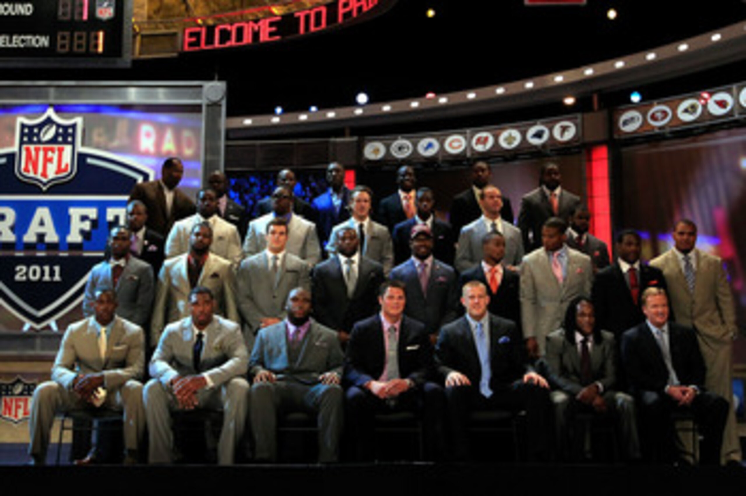 NEW YORK, NY - APRIL 28:  NFL Commissioner Roger Goodell (botom row R) poses for a photo on stage with the members of the 2011 Draft class and the 2011 Pro Football Hall of Fame class during the 2011 NFL Draft at Radio City Music Hall on April 28, 2011 in