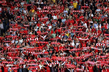 LIVERPOOL, ENGLAND - APRIL 23:  Liverpool fans show their support prior to the Barclays Premier League match between Liverpool and Birmingham City at Anfield on April 23, 2011 in Liverpool, England.  (Photo by Clive Brunskill/Getty Images)