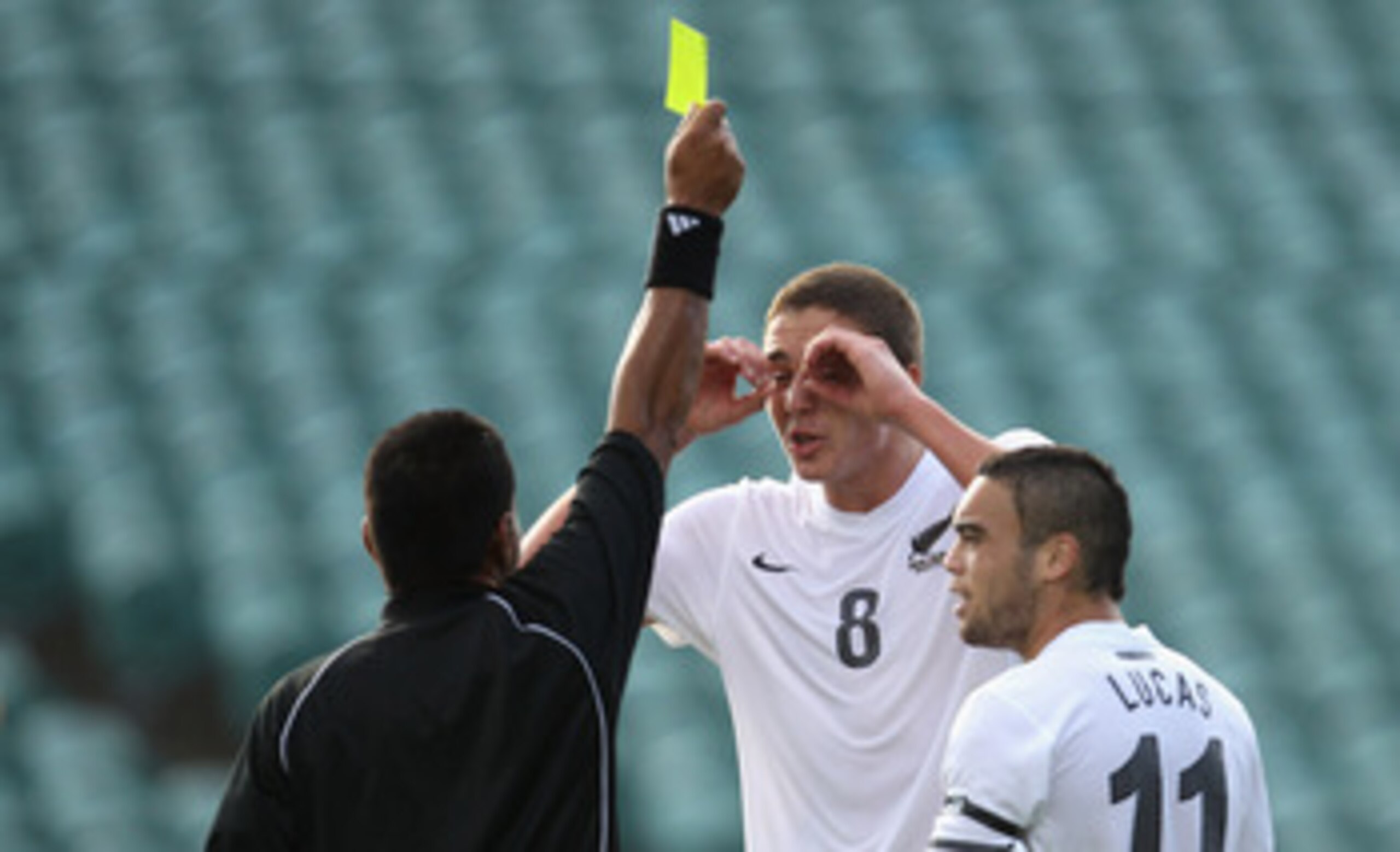 AUCKLAND, NEW ZEALAND - APRIL 29: Ethan Galbraith of New Zealand disputes the yellow card during the Oceania Under 20 Tournament final match between New Zealand and Solomon Islands at North Harbour Stadium on April 29, 2011 in Auckland, New Zealand. (Pho AUCKLAND, NEW ZEALAND - APRIL 29: Ethan Galbraith of New Zealand disputes the yellow card during the Oceania Under 20 Tournament final match between New Zealand and Solomon Islands at North Harbour Stadium on April 29, 2011 in Auckland, New Zealand. (Pho