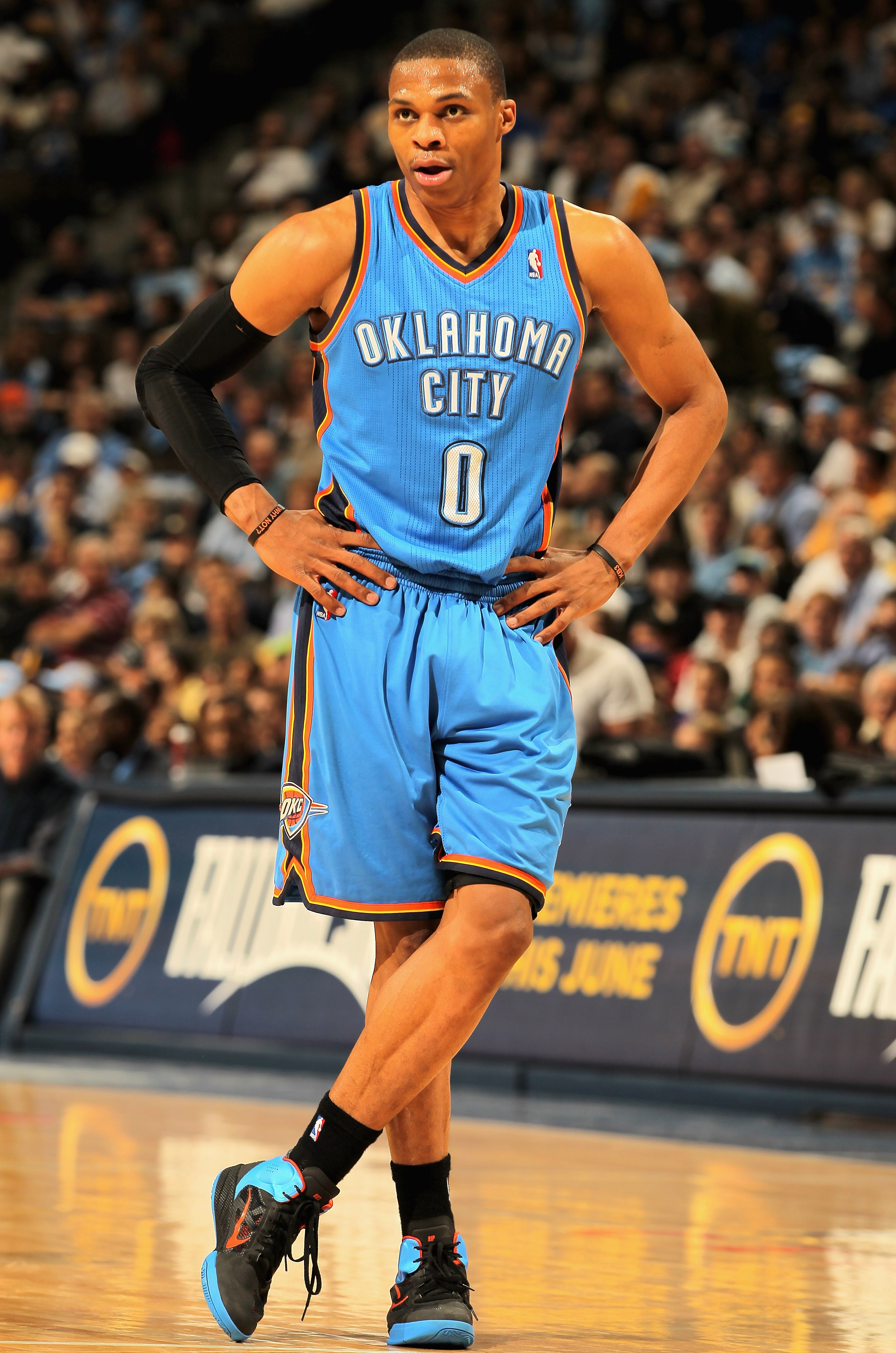 DENVER, CO - APRIL 25:  Russell Westbrook #0 of the Oklahoma City Thunder looks on against the Denver Nuggets in Game Four of the Western Conference Quarterfinals in the 2011 NBA Playoffs on April 24, 2011 at the Pepsi Center in Denver, Colorado. The Nugg