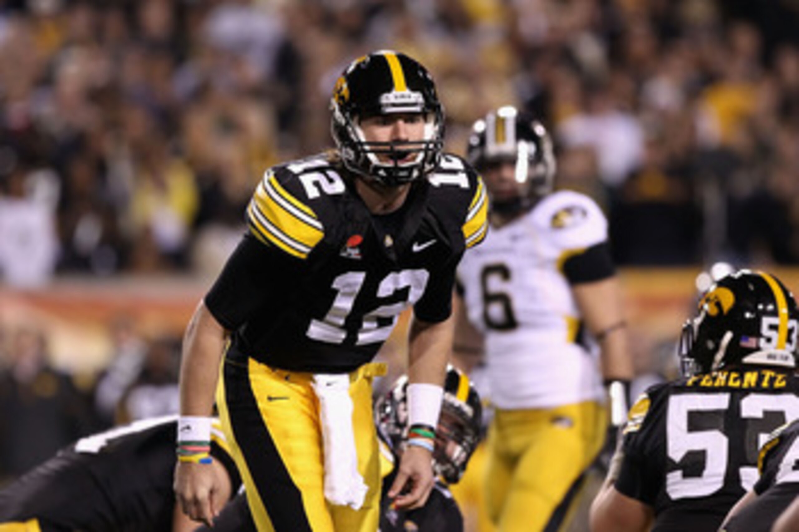TEMPE, AZ - DECEMBER 28:  Quarterback Ricky Stanzi #12 of the Iowa Hawkeyes during the Insight Bowl against the Missouri Tigers at Sun Devil Stadium on December 28, 2010 in Tempe, Arizona. The Hawkeyes defeated the Tigers 27-24.  (Photo by Christian Peter
