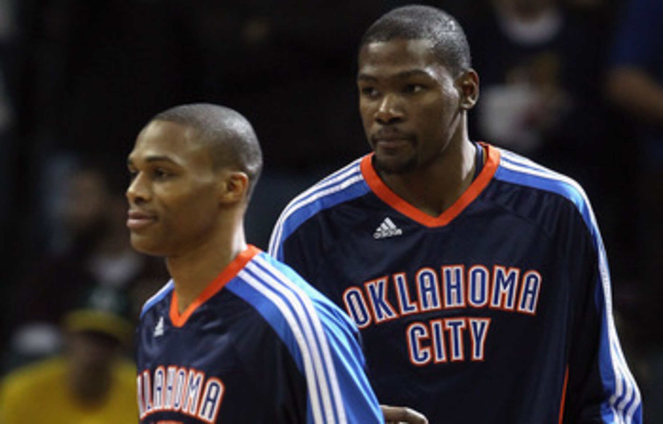 CHARLOTTE, NC - DECEMBER 21: Teammates Kevin Durant #35 and Russell Westbrook #0 of the Oklahoma Thunder warmup before the start of their game against the Charlotte Bobcats at Time Warner Cable Arena on December 21, 2010 in Charlotte, North Carolina. NOT CHARLOTTE, NC - DECEMBER 21: Teammates Kevin Durant #35 and Russell Westbrook #0 of the Oklahoma Thunder warmup before the start of their game against the Charlotte Bobcats at Time Warner Cable Arena on December 21, 2010 in Charlotte, North Carolina. NOT