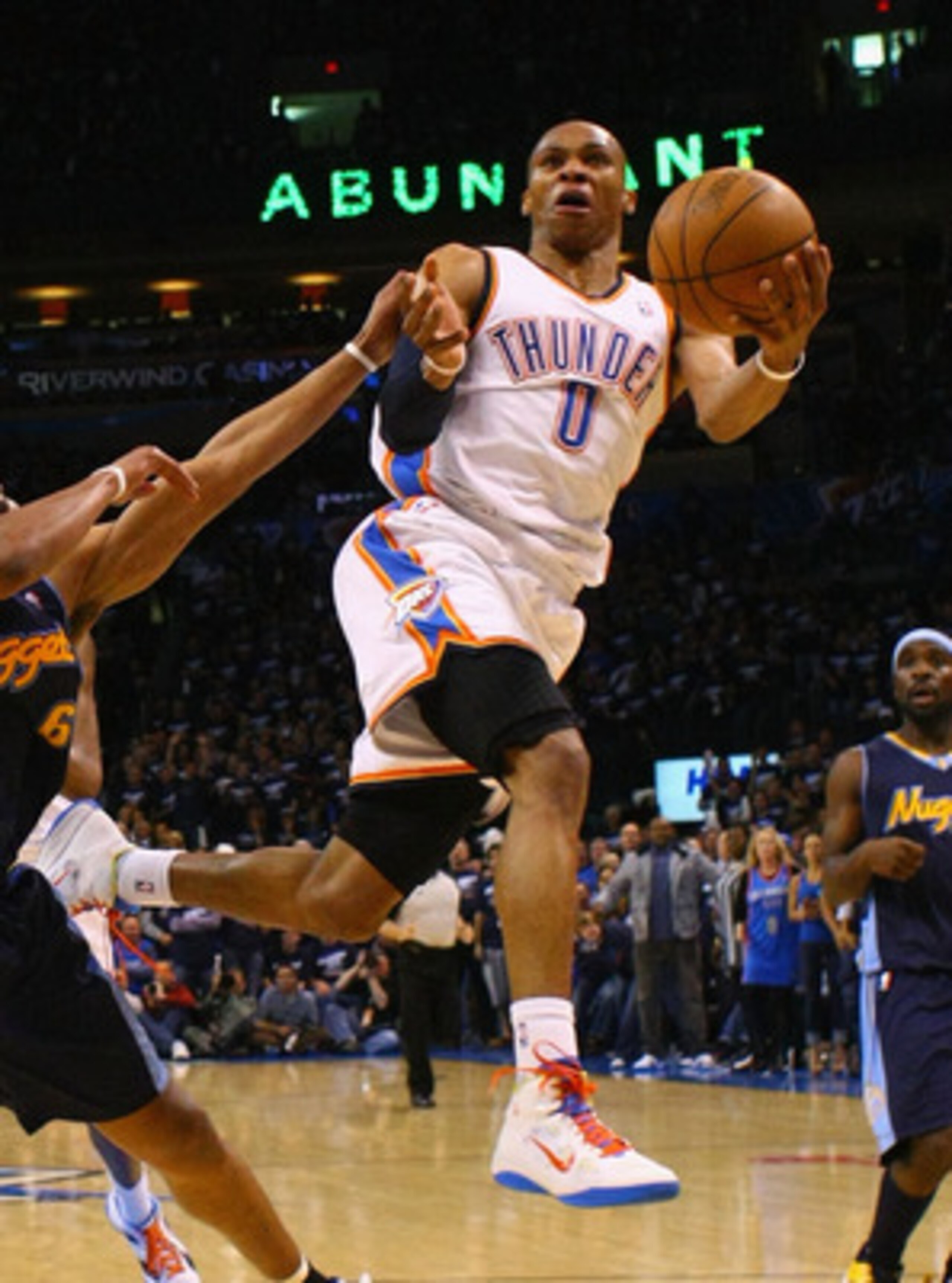 OKLAHOMA CITY, OK - APRIL 27: Russell Westbrook #0 of the Oklahoma City Thunder drives to the basket against Arron Afflalo #6 of the Denver Nuggets in Game Five of the Western Conference Quarterfinals in the 2011 NBA Playoffs on April 27, 2011 at the Ford OKLAHOMA CITY, OK - APRIL 27: Russell Westbrook #0 of the Oklahoma City Thunder drives to the basket against Arron Afflalo #6 of the Denver Nuggets in Game Five of the Western Conference Quarterfinals in the 2011 NBA Playoffs on April 27, 2011 at the Ford
