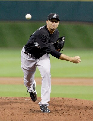 HOUSTON, TX - APRIL 09 : Pitcher Javier Vasquez , #23 of the Florida Marlins pitches against the Houston Astros in a MLB game on April 9, 2011 at Minute Maid Park in Houston, Texas. The Marlins won 4 to 3. (Photo by Thomas B. Shea / Getty Images)