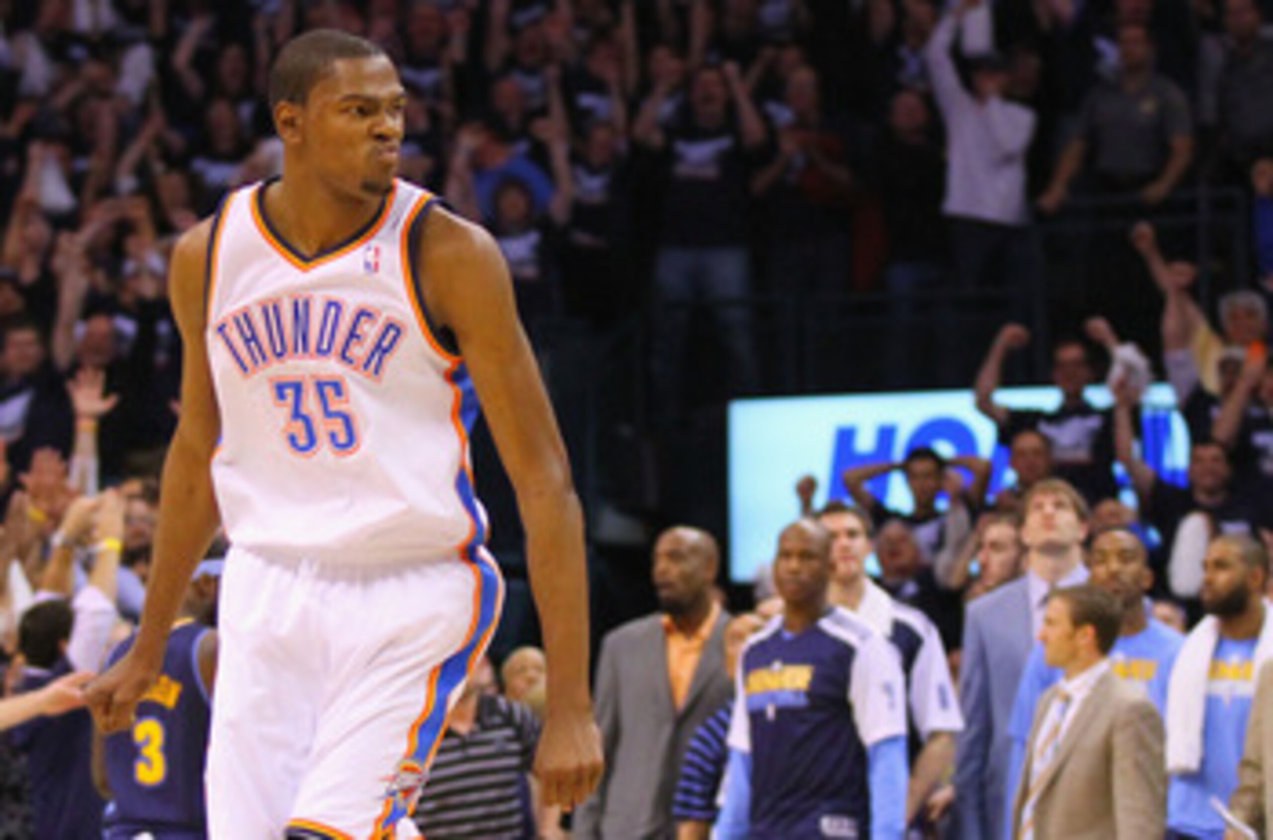 OKLAHOMA CITY, OK - APRIL 27: Kevin Durant #35 of the Oklahoma City Thunder looks to the bench after hitting a key three-point shot against the Denver Nuggets in Game Five of the Western Conference Quarterfinals in the 2011 NBA Playoffs on April 27, 2011 OKLAHOMA CITY, OK - APRIL 27: Kevin Durant #35 of the Oklahoma City Thunder looks to the bench after hitting a key three-point shot against the Denver Nuggets in Game Five of the Western Conference Quarterfinals in the 2011 NBA Playoffs on April 27, 2011