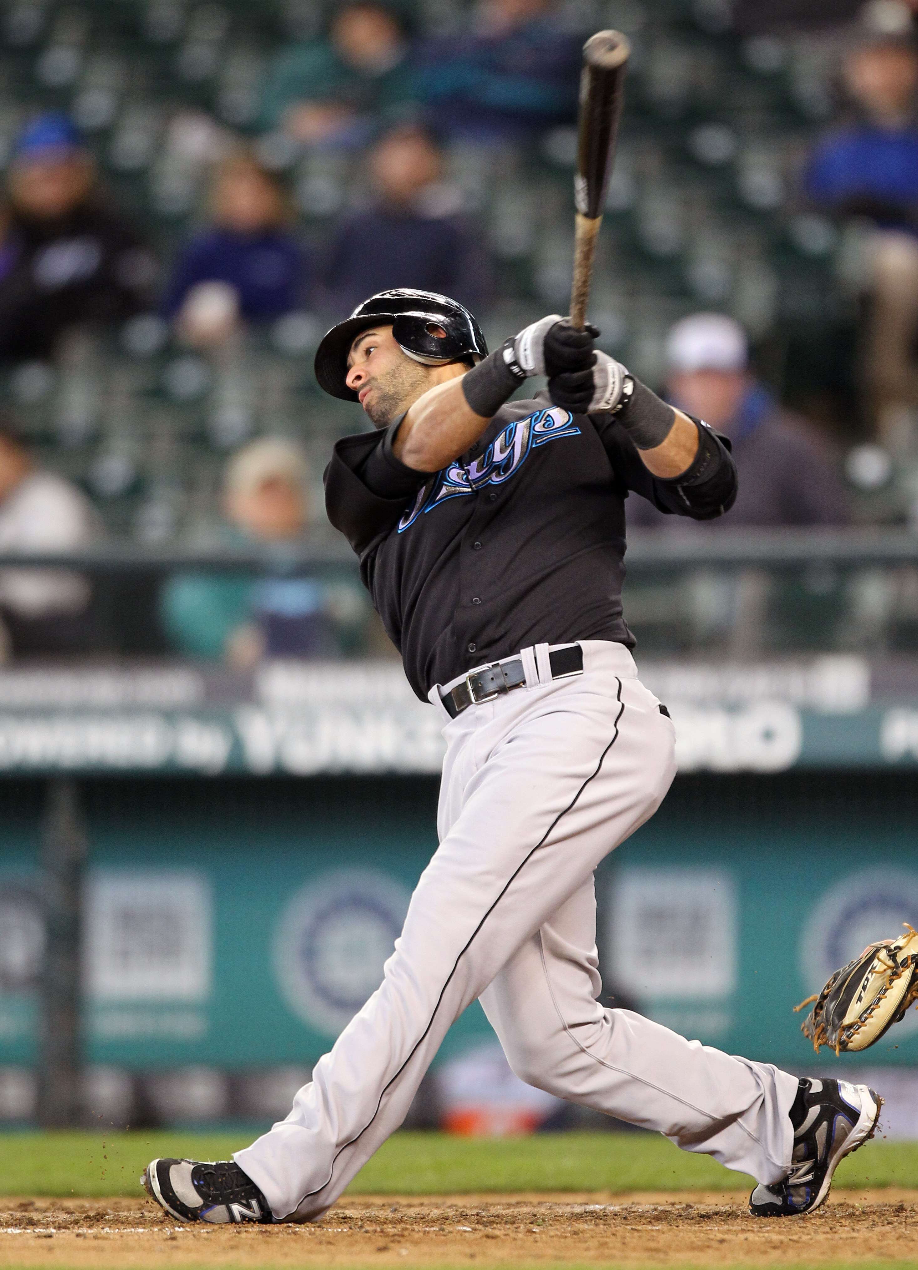 SEATTLE, WA - APRIL 13:  Jose Bautista #19 of the Toronto Blue Jays bats against the Seattle Mariners at Safeco Field on April 13, 2011 in Seattle, Washington. (Photo by Otto Greule Jr/Getty Images)