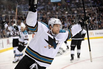 LOS ANGELES, CA - APRIL 25: Dany Heatley #15 of the San Jose Sharks celebrates after a goal against the Los Angeles Kings in game six of the Western Conference Quarterfinals during the 2011 NHL Stanley Cup Playoffs at Staples Center on April 25, 2011 in L