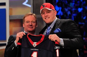 NEW YORK, NY - APRIL 28:  NFL Commissioner Roger Goodell, poses for a photo with J.J. Watt, #11 overall pick by the Houston Texans, on stage during the 2011 NFL Draft at Radio City Music Hall on April 28, 2011 in New York City.  (Photo by Chris Trotman/Ge