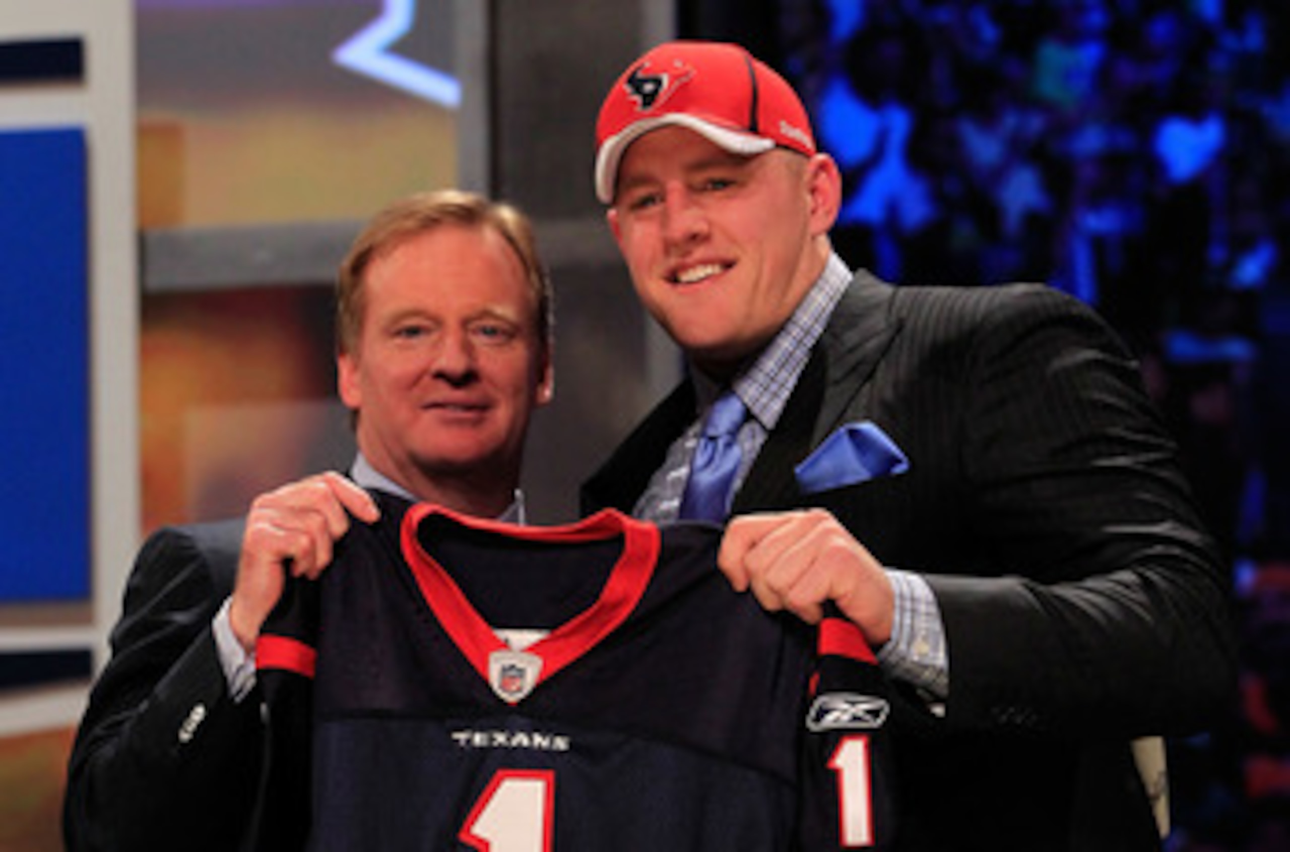 NEW YORK, NY - APRIL 28:  NFL Commissioner Roger Goodell, poses for a photo with J.J. Watt, #11 overall pick by the Houston Texans, on stage during the 2011 NFL Draft at Radio City Music Hall on April 28, 2011 in New York City.  (Photo by Chris Trotman/Ge