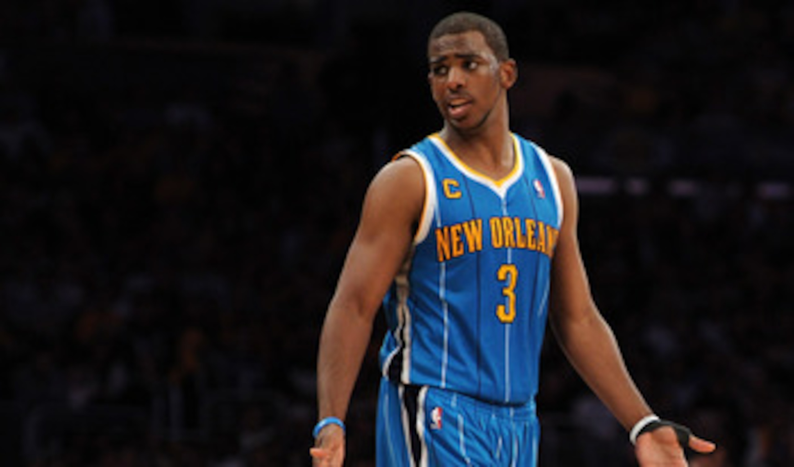 LOS ANGELES, CA - APRIL 26:  Chris Paul #3 of the New Orleans Hornets reacts late in the fourth quarter while taking on the Los Angeles Lakers in Game Five of the Western Conference Quarterfinals in the 2011 NBA Playoffs on April 26, 2011 at Staples Cente