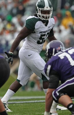 EVANSTON, IL - OCTOBER 23: Greg Jones #53 of the Michigan State Spartans awaits the start of play against the Northwestern Wildcats at Ryan Field on October 23, 2010 in Evanston, Illinois. Michigan State defeated Northwestern 35-27. (Photo by Jonathan Dan