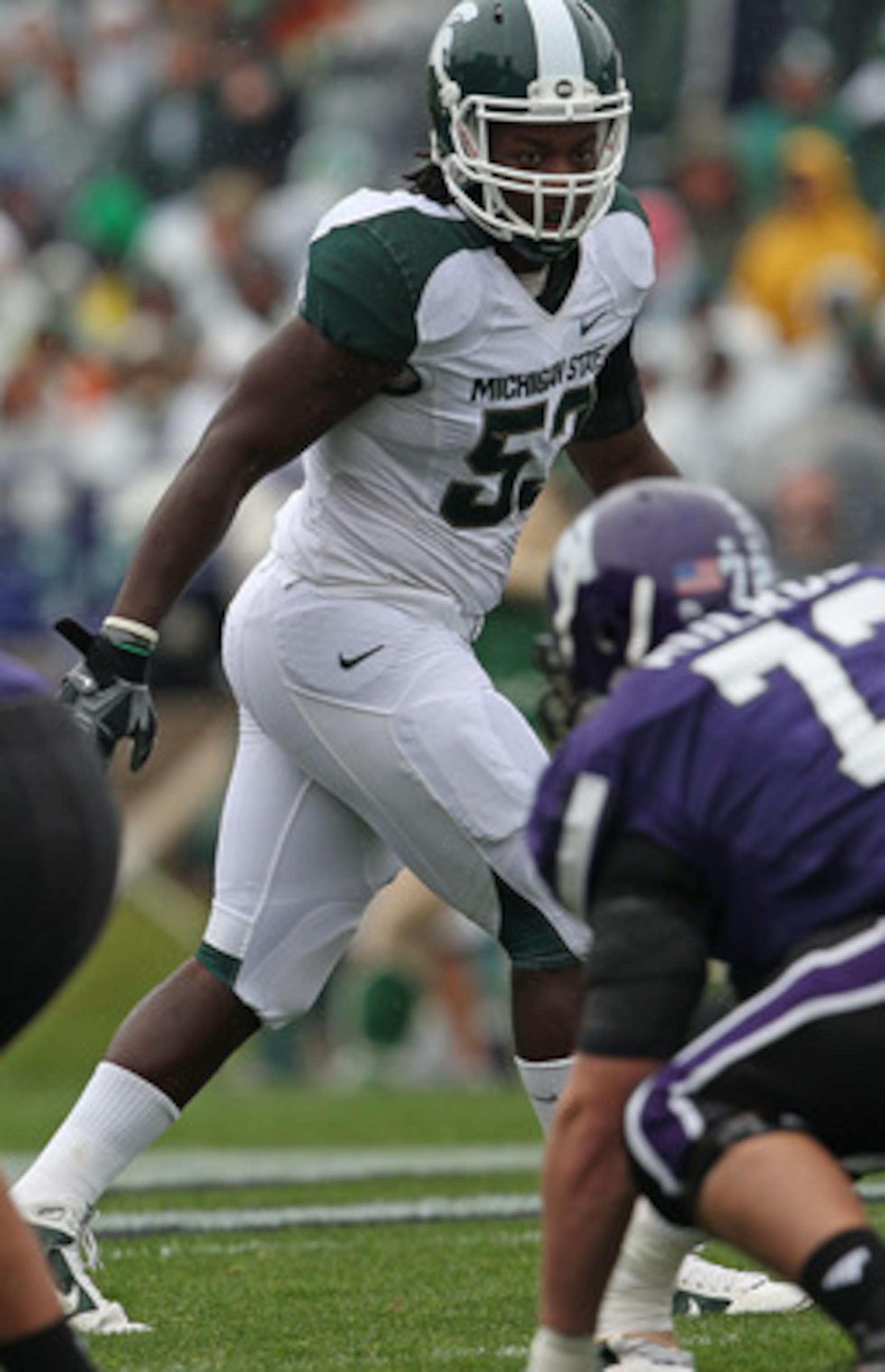EVANSTON, IL - OCTOBER 23: Greg Jones #53 of the Michigan State Spartans awaits the start of play against the Northwestern Wildcats at Ryan Field on October 23, 2010 in Evanston, Illinois. Michigan State defeated Northwestern 35-27. (Photo by Jonathan Dan