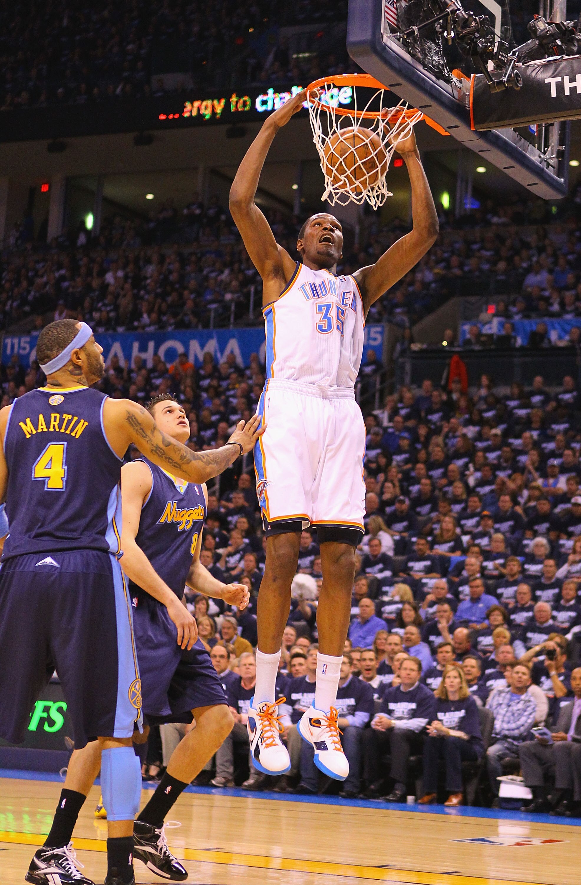 OKLAHOMA CITY, OK - APRIL 27: Kevin Durant #35 of the Oklahoma City Thunder dunks the ball against the Denver Nuggets in Game Five of the Western Conference Quarterfinals in the 2011 NBA Playoffs on April 27, 2011 at the Ford Center in Oklahoma City, Okla