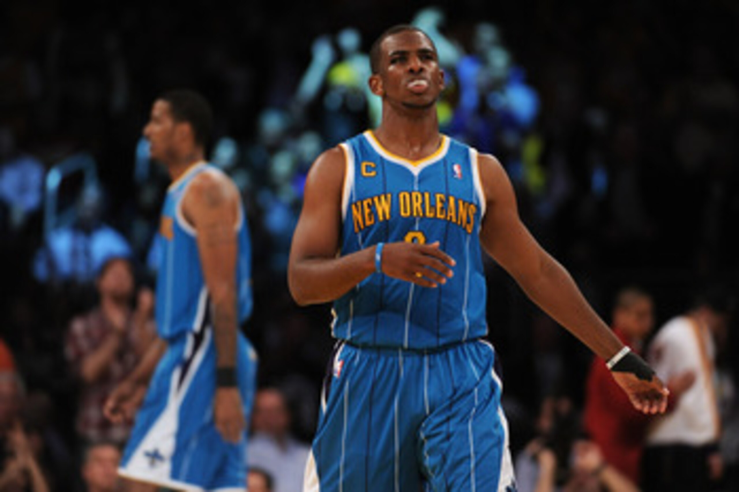 LOS ANGELES, CA - APRIL 26:  Chris Paul #3 of the New Orleans Hornets reacts at the end of the second quarter while taking on the Los Angeles Lakers in Game Five of the Western Conference Quarterfinals in the 2011 NBA Playoffs on April 26, 2011 at Staples