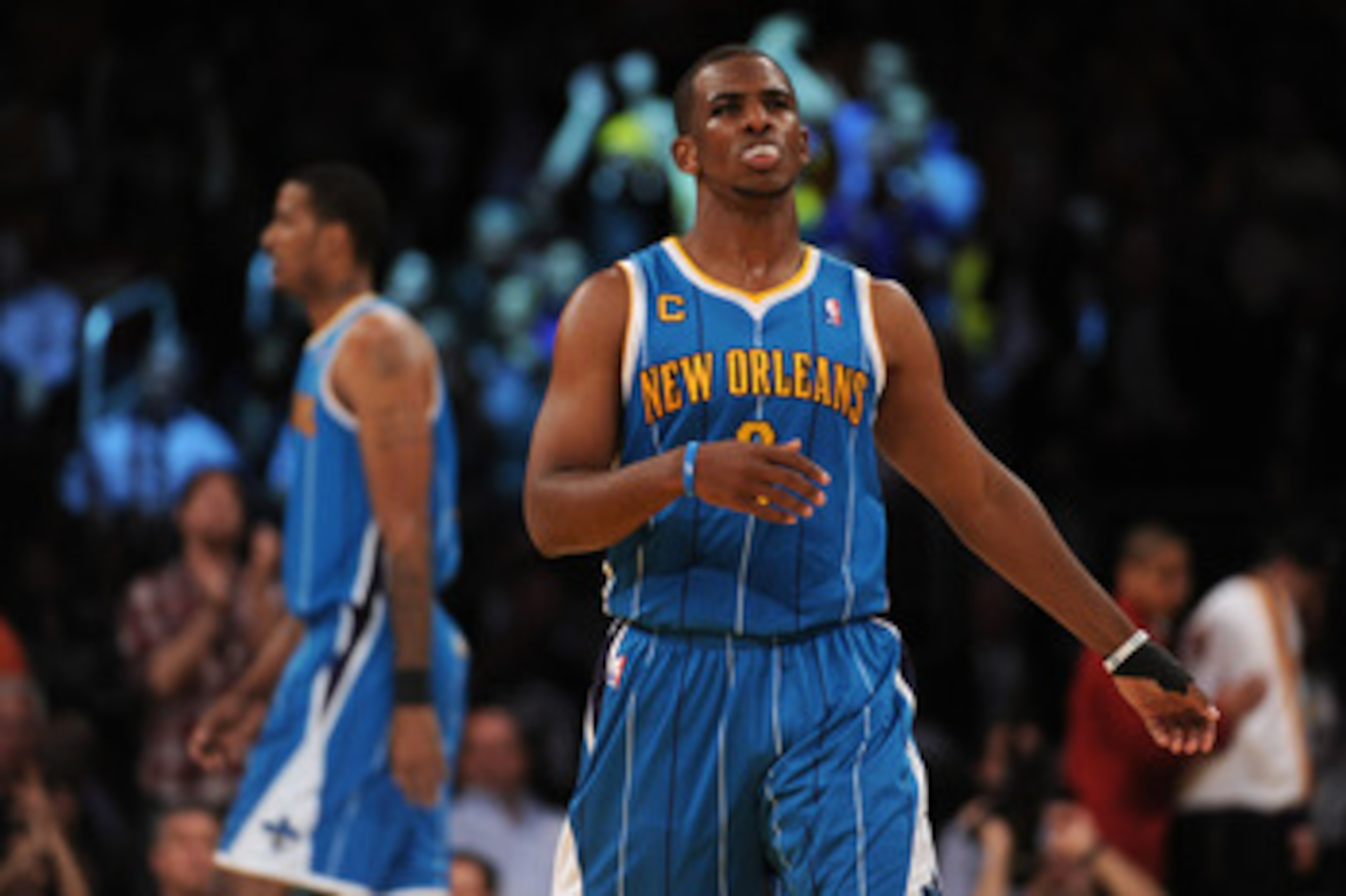 LOS ANGELES, CA - APRIL 26:  Chris Paul #3 of the New Orleans Hornets reacts at the end of the second quarter while taking on the Los Angeles Lakers in Game Five of the Western Conference Quarterfinals in the 2011 NBA Playoffs on April 26, 2011 at Staples