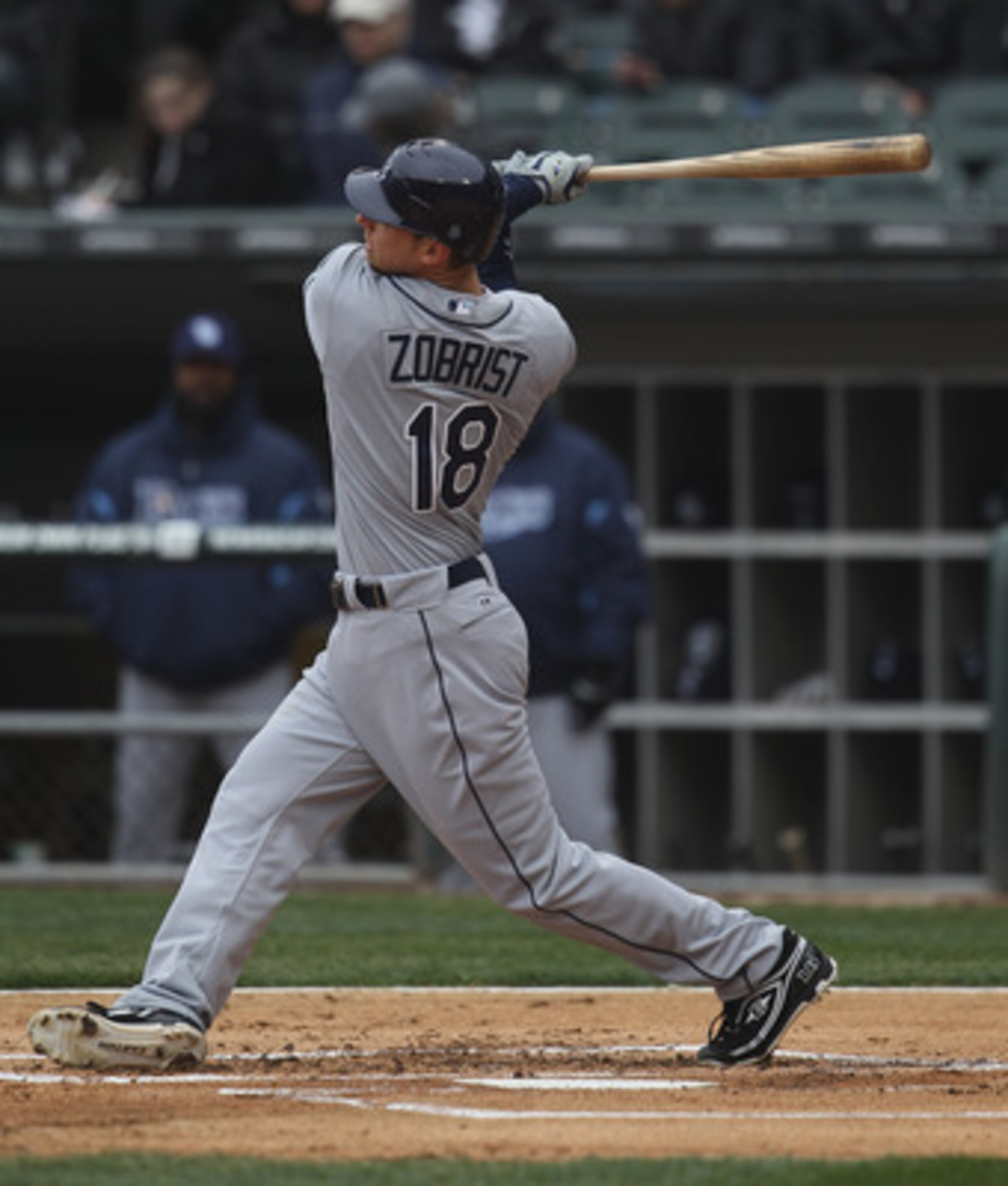 CHICAGO, IL - APRIL 07: Ben Zobrist #18 of the Tampa Bay Rays takes a swing against the Chicago White Sox during the home opener at U.S. Cellular Field on April 7, 2011 in Chicago, Illinois. The White Sox defeated the Rays 5-1. (Photo by Jonathan Daniel/G