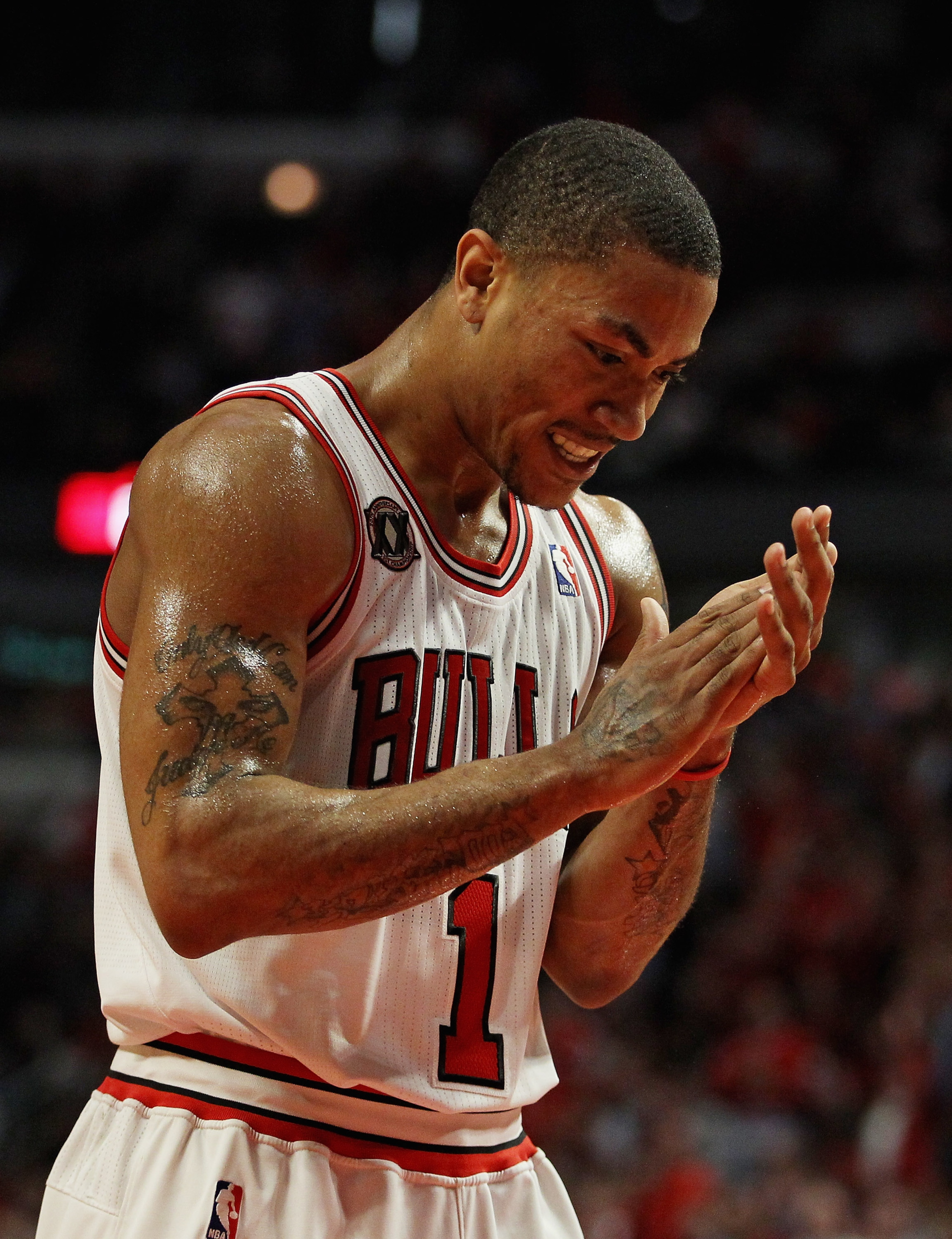 CHICAGO, IL - APRIL 26: Derrick Rose #1 of the Chicago Bulls claps while celebrating a play against the Indiana Pacers in Game Five of the Eastern Conference Quarterfinals in the 2011 NBA Playoffs at the United Center on April 26, 2011 in Chicago, Illinoi