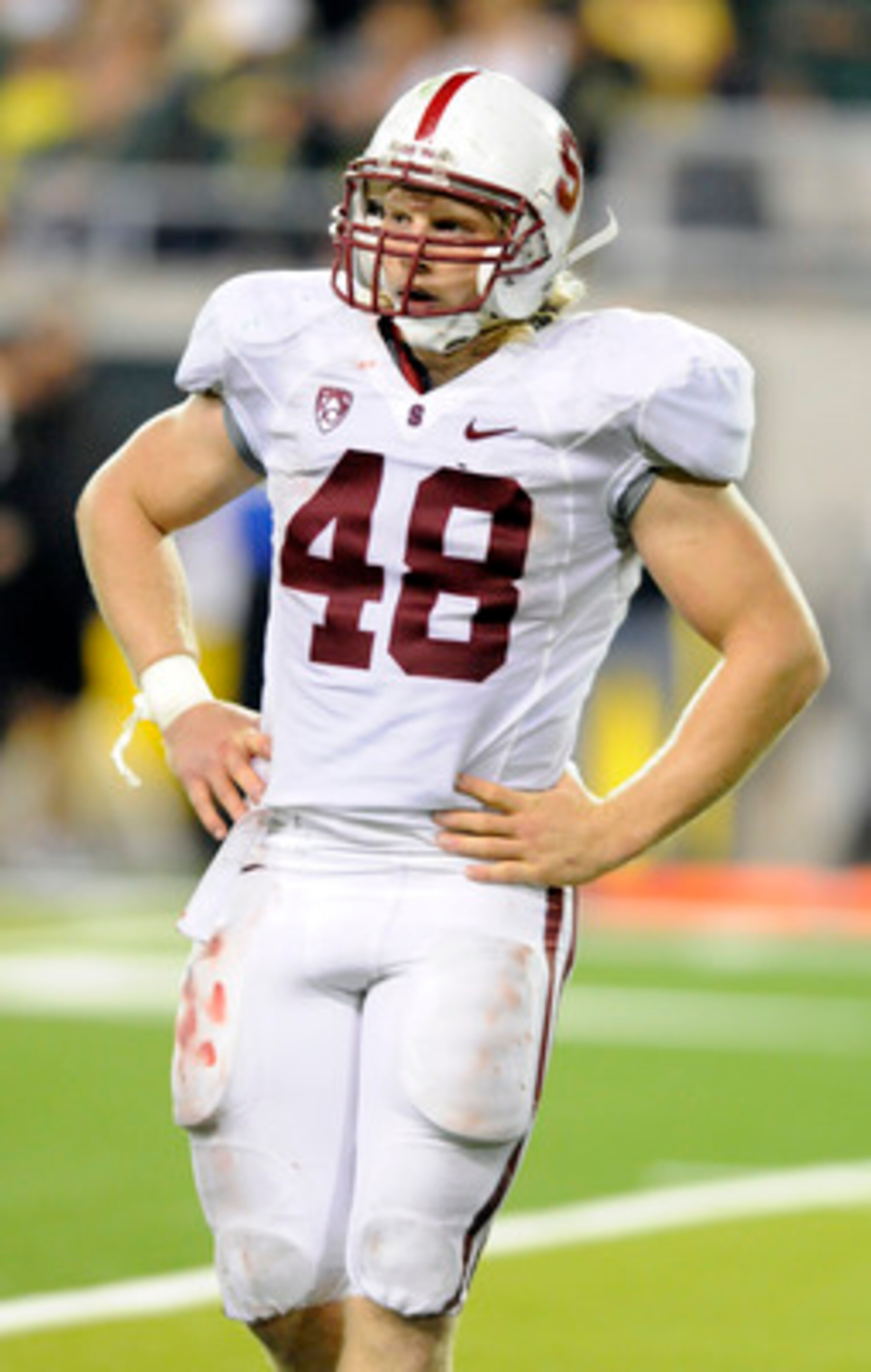 EUGENE, OR - OCTOBER 2: Fullback Owen Marecic #48 of the Stanford Cardinal looks over to the bench for a play call in the fourth quarter of the game against the Oregon Ducks at Autzen Stadium on October 2, 2010 in Eugene, Oregon. Oregon won the game 52-31