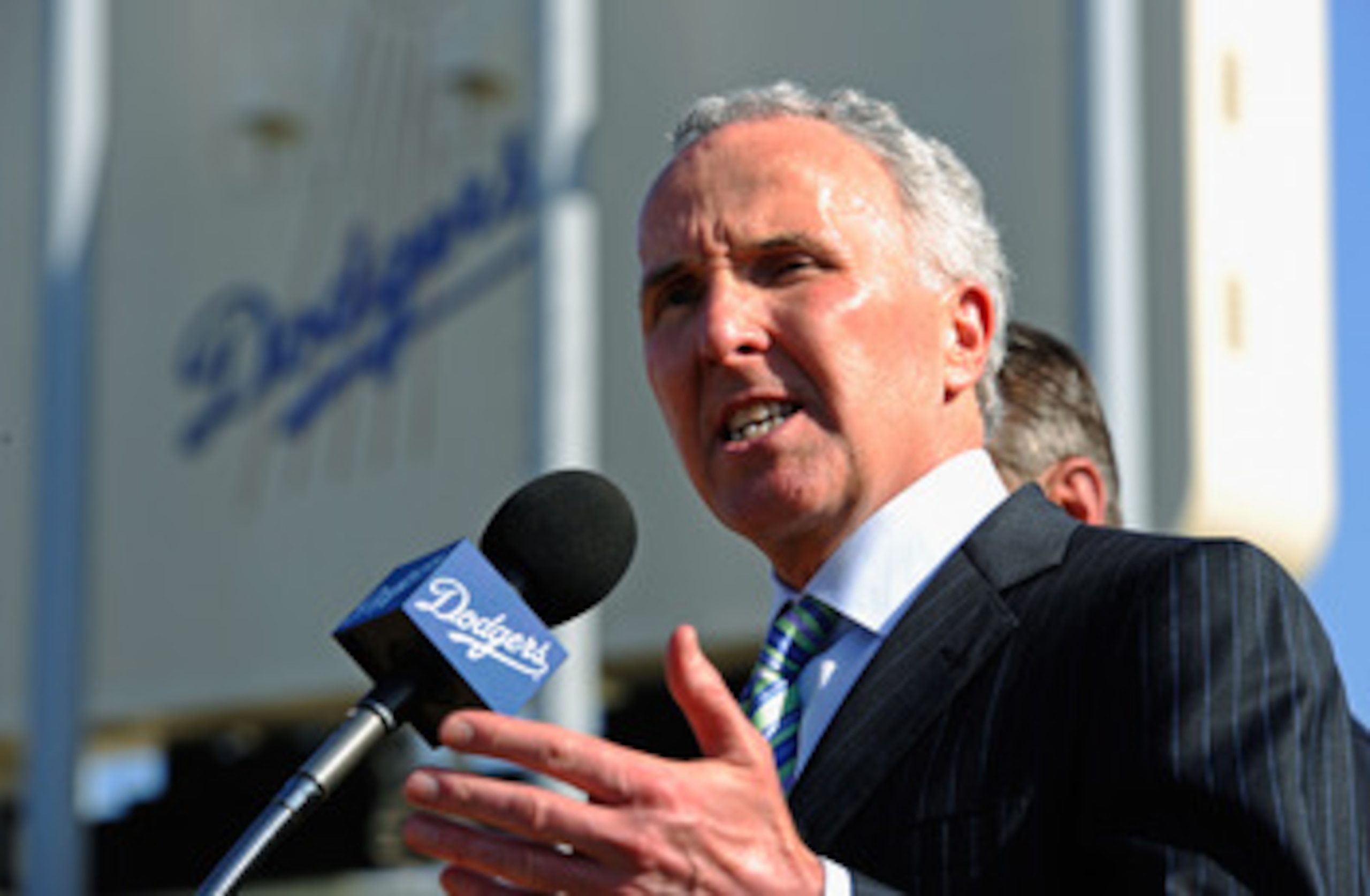 LOS ANGELES, CA - APRIL 14:  Los Angeles Dodgers owner Frank McCourt  speaks at a news conference at Dodger Stadium prior to a game between the St. Louis Cardinals and Los Angeles Dodgers on April 14, 2011 in Los Angeles, California. Large numbers of LAPD