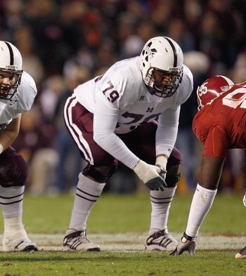 TUSCALOOSA, AL - NOVEMBER 15:  J.C. Brignone #70 and Derek Sherrod #79of the Mississippi State Bulldogs get ready on the line of scrimmage during the game against the Alabama Crimson Tide at Bryant-Denny Stadium on November 15, 2008 in Tuscaloosa, Alabama