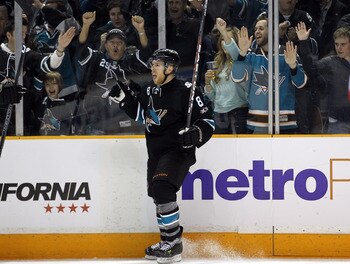 SAN JOSE, CA - APRIL 29:  Joe Pavelski #8 of the San Jose Sharks celebrates after he made a goal in the third period to tie their game against the Detroit Red Wings in Game One of the Western Conference Semifinals during the 2011 NHL Stanley Cup Playoffs 