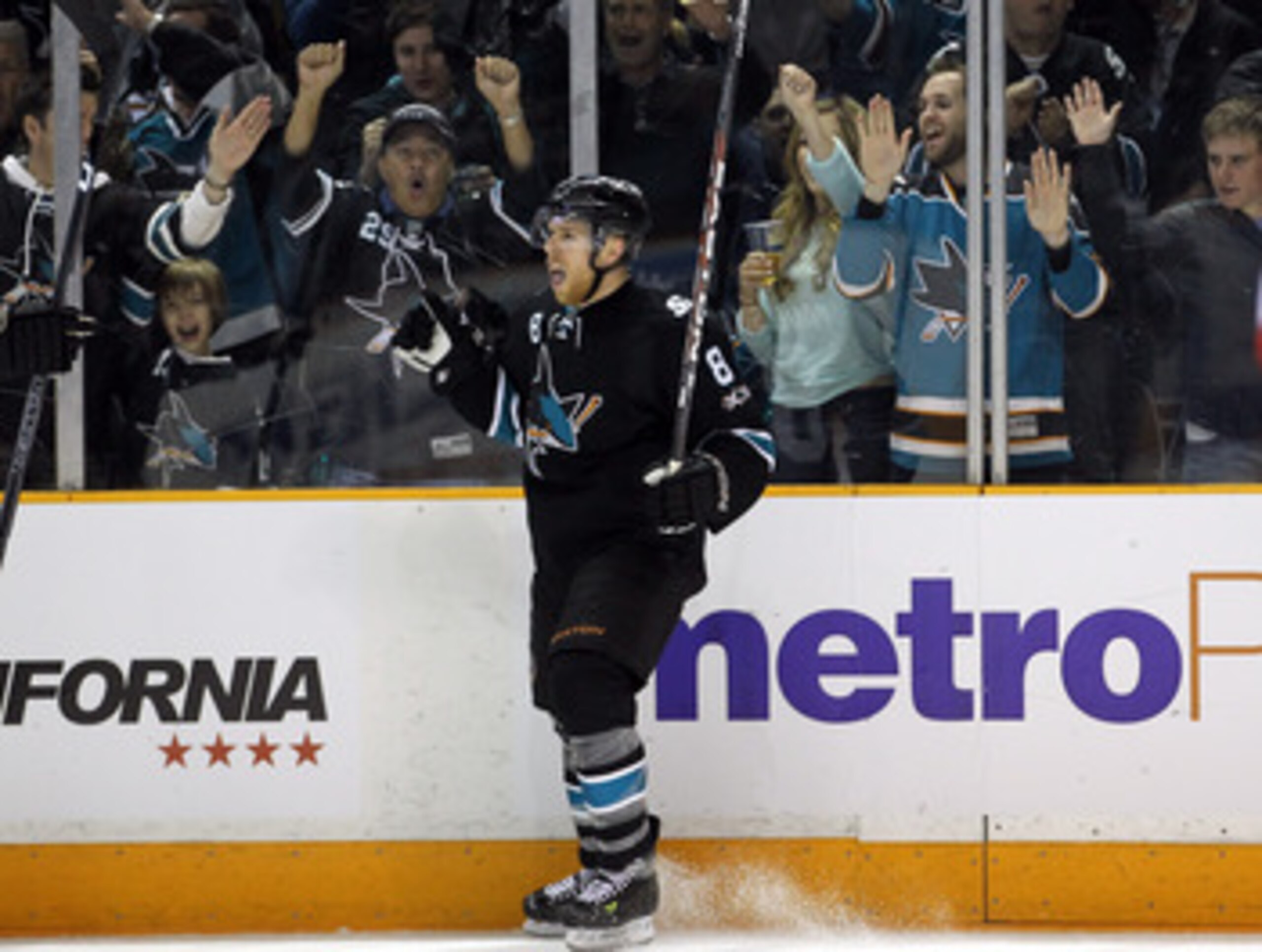 SAN JOSE, CA - APRIL 29:  Joe Pavelski #8 of the San Jose Sharks celebrates after he made a goal in the third period to tie their game against the Detroit Red Wings in Game One of the Western Conference Semifinals during the 2011 NHL Stanley Cup Playoffs 