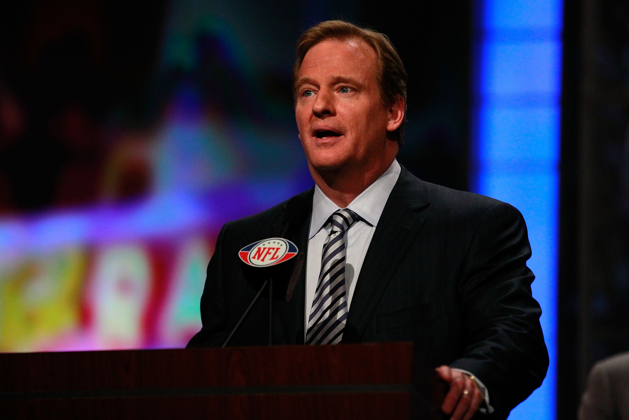 NEW YORK, NY - APRIL 28:  NFL Commissoner Roger Goodell speaks at the podium during the 2011 NFL Draft at Radio City Music Hall on April 28, 2011 in New York City.  (Photo by Chris Trotman/Getty Images)