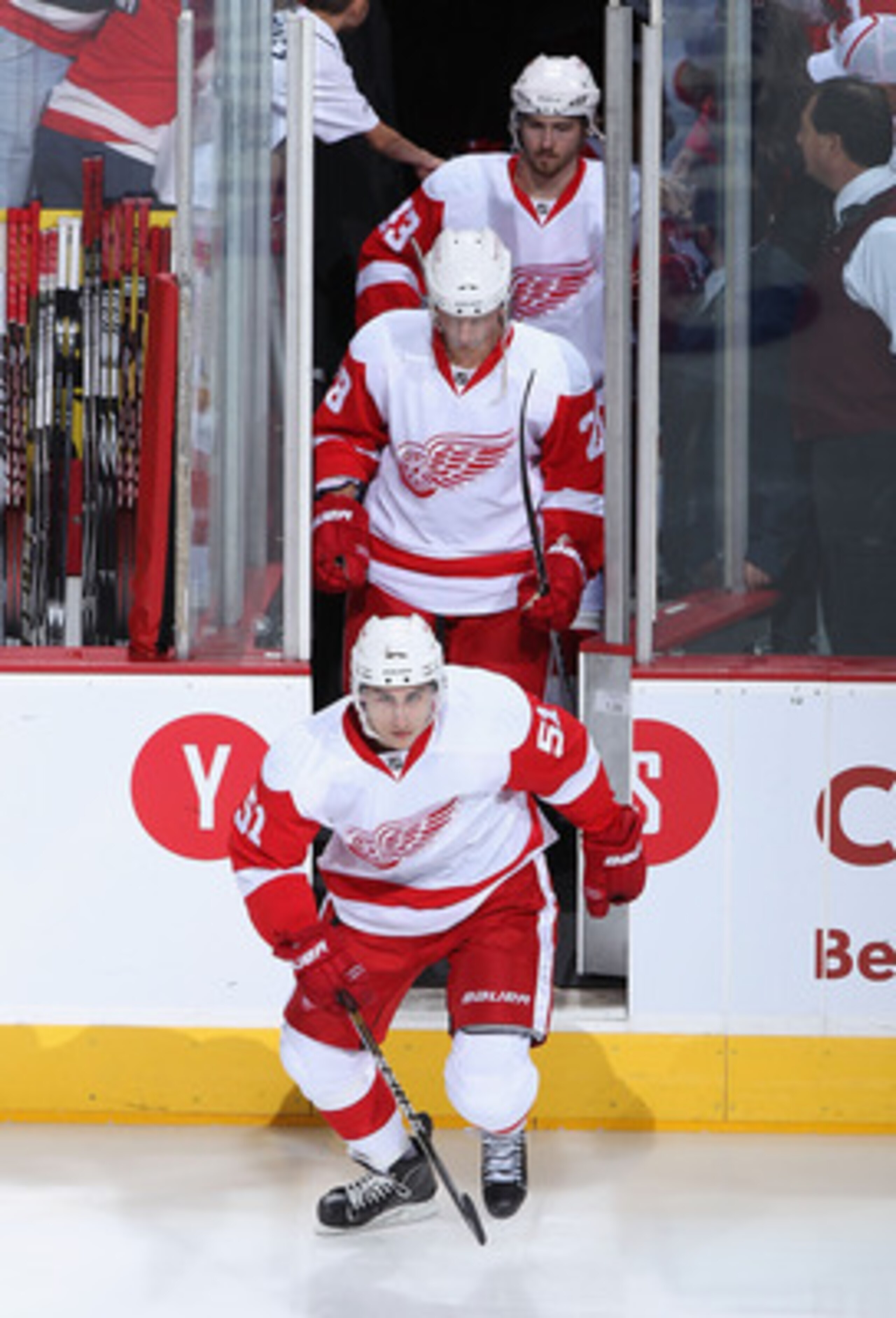GLENDALE, AZ - APRIL 20:  Valtteri Filppula #51 of the Detroit Red Wings skate out onto the ice in Game Four of the Western Conference Quarterfinals against the Phoenix Coyotes during the 2011 NHL Stanley Cup Playoffs at Jobing.com Arena on April 20, 2011
