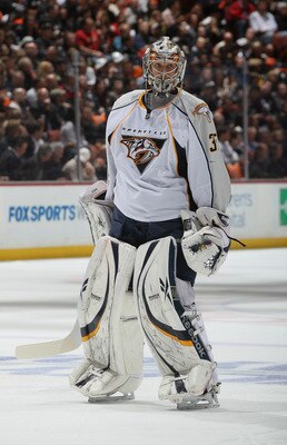 ANAHEIM, CA - APRIL 13:  Goaltender Pekka Rinne  #35 of the Nashville Predators looks on against the Anaheim Ducks in Game One of the Western Conference Quarterfinals during the 2011 NHL Stanley Cup Playoffs at Honda Center on April 13, 2011 in Anaheim, C