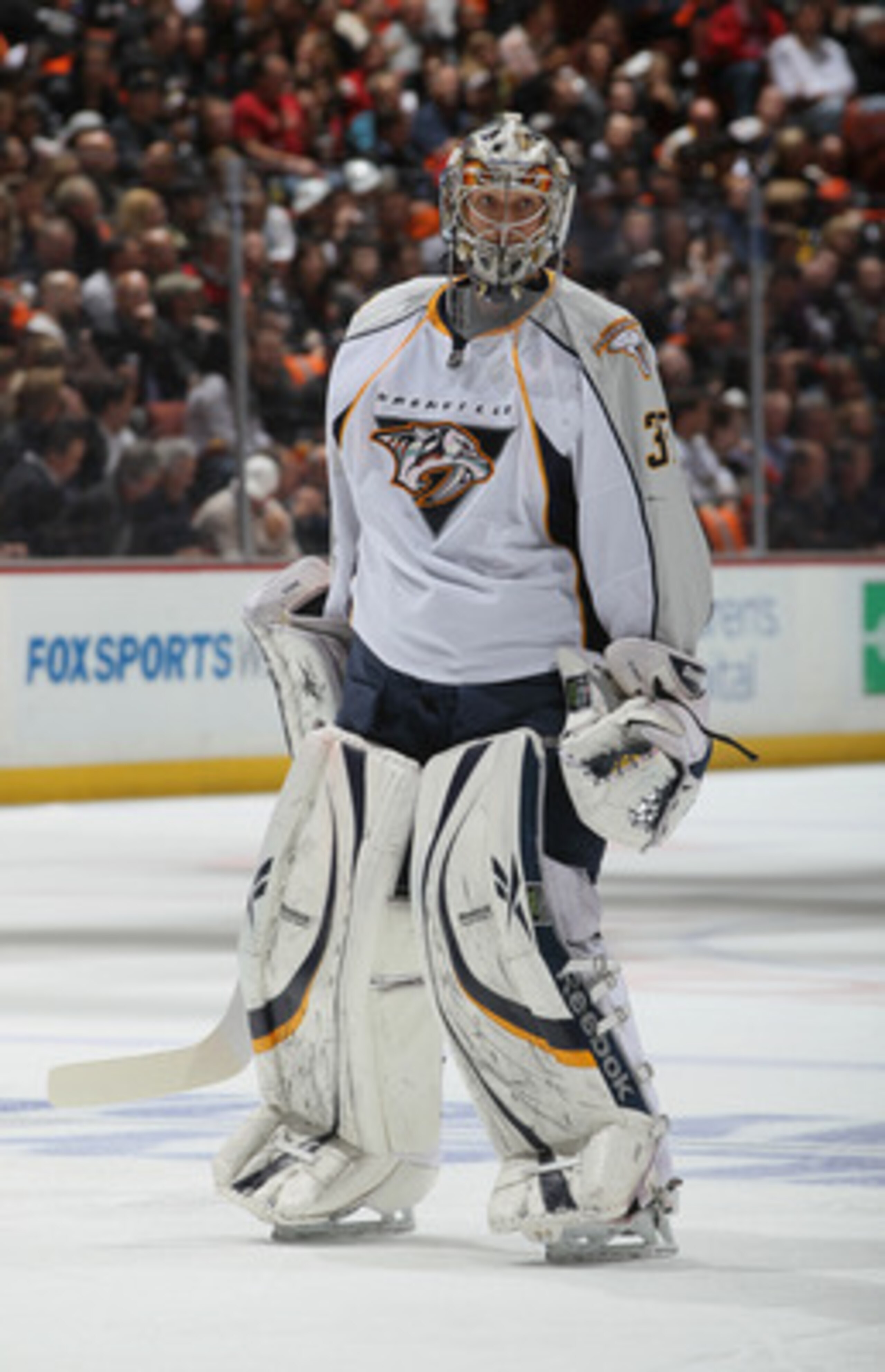 ANAHEIM, CA - APRIL 13:  Goaltender Pekka Rinne  #35 of the Nashville Predators looks on against the Anaheim Ducks in Game One of the Western Conference Quarterfinals during the 2011 NHL Stanley Cup Playoffs at Honda Center on April 13, 2011 in Anaheim, C