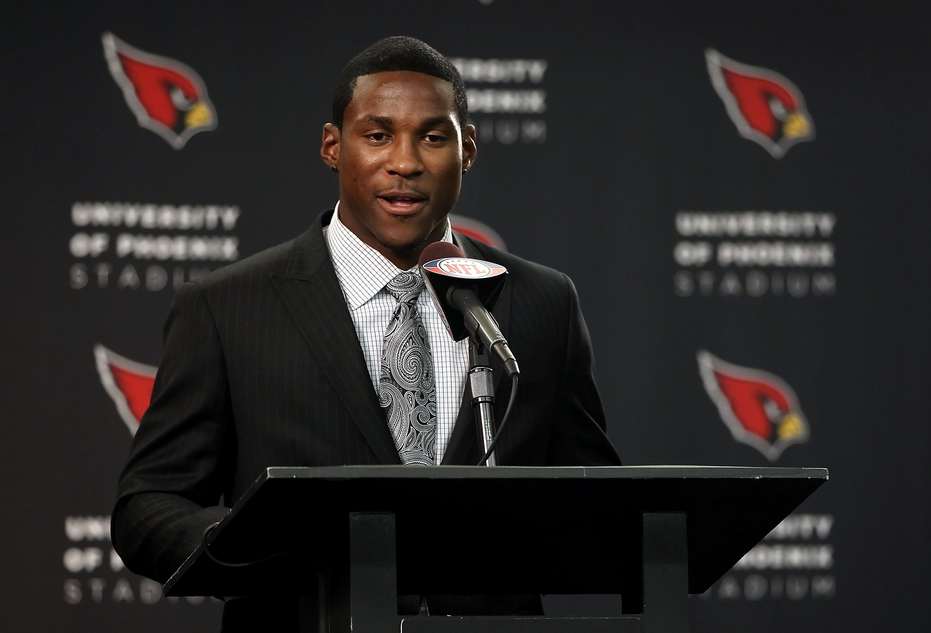 TEMPE, AZ - APRIL 29:  First round draft pick Patrick Peterson of the Arizona Cardinals speaks during a press conference to introduce him at the team's training center auditorium on April 29, 2011 in Tempe, Arizona.  (Photo by Christian Petersen/Getty Ima