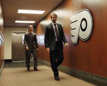 PHILADELPHIA, PA - APRIL 30: (L-R) Goaltenders Sergei Bobrovsky #35 and Brian Boucher #33 of the Philadelphia Flyers arrive for their game against the Boston Bruins in Game One of the Eastern Conference Semifinals during the 2011 NHL Stanley Cup Playoffs 