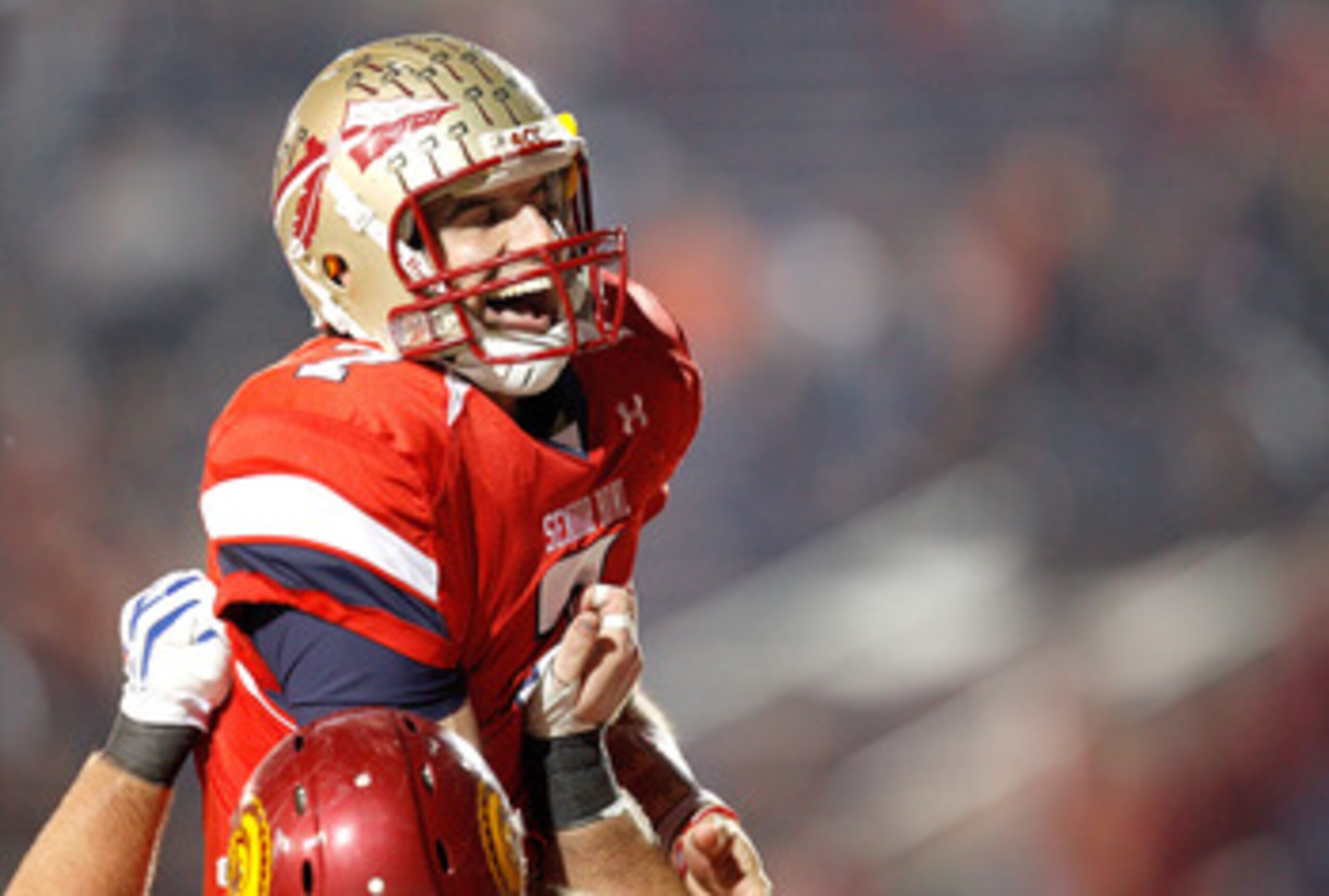 MOBILE, AL - JANUARY 29:  Quarterback Christian Ponder #7 of the South Team  is hoisted into the air while celebrating after passing for a touchdown to wide receiver Jeremy Kerley #84 against the North Team during the fourth quarter of the Under Armour Se
