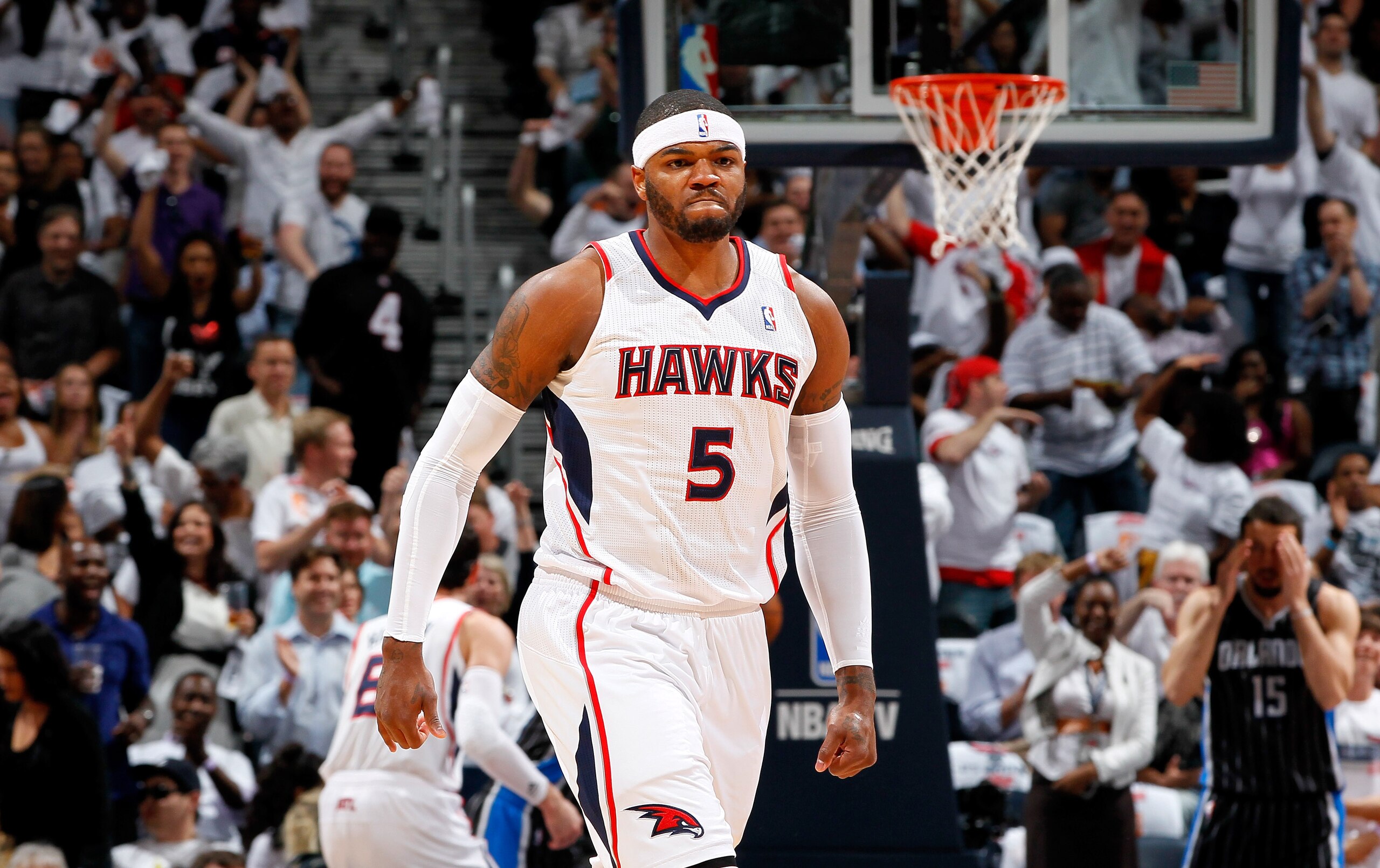 ATLANTA, GA - APRIL 28:  Josh Smith #5 of the Atlanta Hawks reacts after a dunk against the Orlando Magic during Game Six of the Eastern Conference Quarterfinals in the 2011 NBA Playoffs at Philips Arena on April 28, 2011 in Atlanta, Georgia.  NOTE TO USE