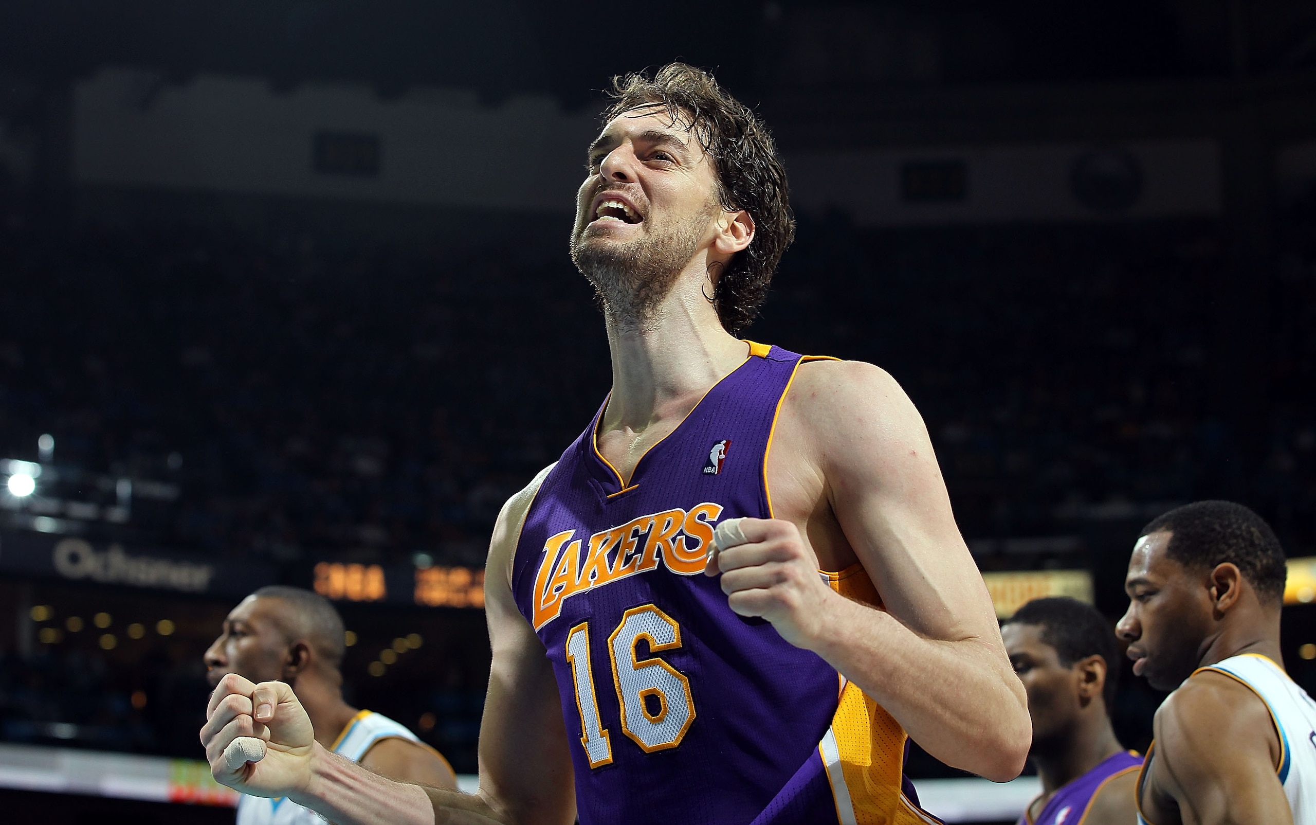 NEW ORLEANS, LA - APRIL 28:  Pau Gasol #16 of the Los Angeles Lakers reacts during play against the New Orleans Hornets in Game Six of the Western Conference Quarterfinals in the 2011 NBA Playoffs on April 28, 2011 at New Orleans Arena in New Orleans, Lou