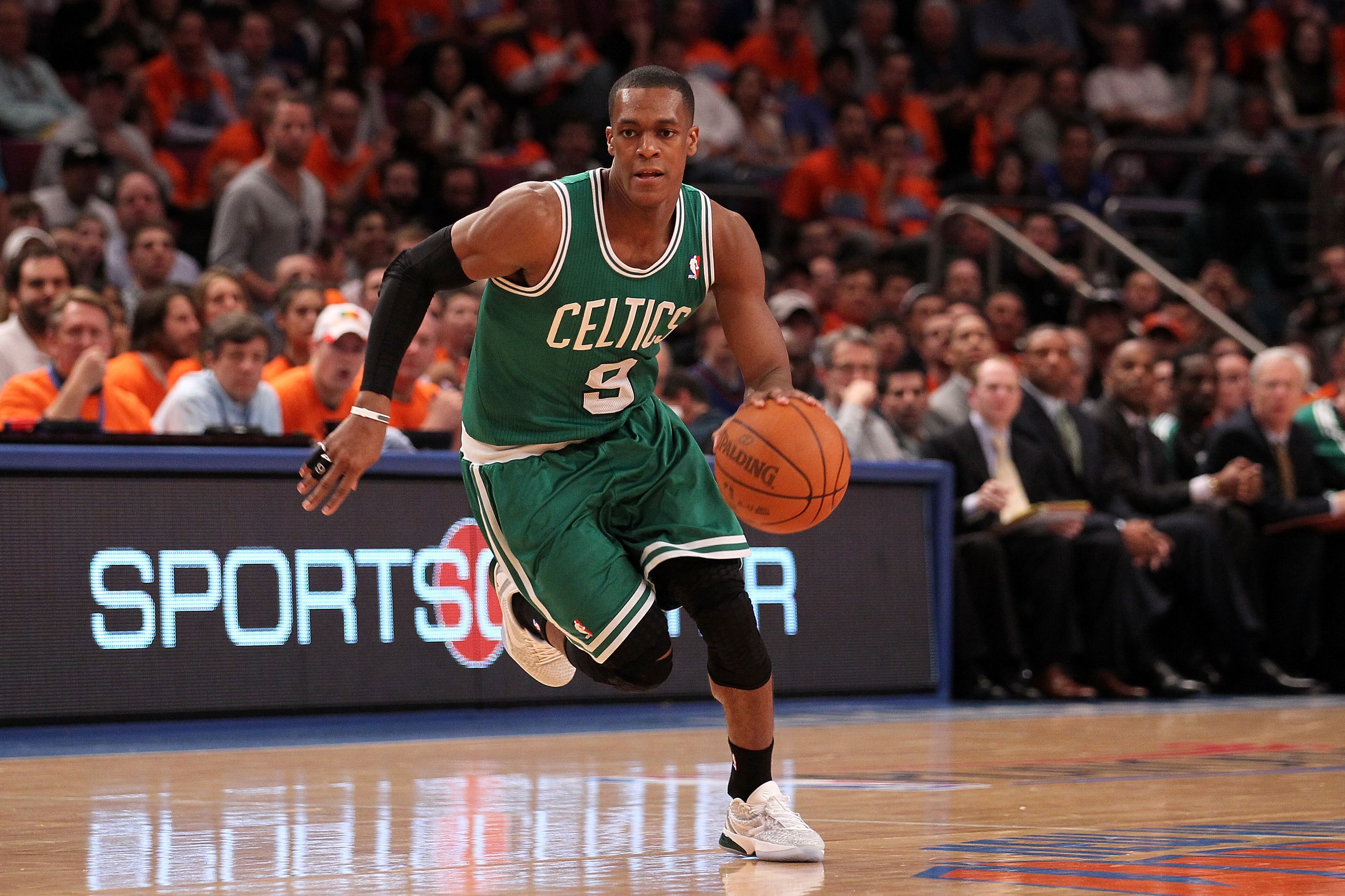 NEW YORK, NY - APRIL 24: Rajon Rondo #9 of the Boston Celtics brings the ball up court against the New York Knicks in Game Four of the Eastern Conference Quarterfinals during the 2011 NBA Playoffs on April 24, 2011 at Madison Square Garden in New York Ci NEW YORK, NY - APRIL 24: Rajon Rondo #9 of the Boston Celtics brings the ball up court against the New York Knicks in Game Four of the Eastern Conference Quarterfinals during the 2011 NBA Playoffs on April 24, 2011 at Madison Square Garden in New York Ci