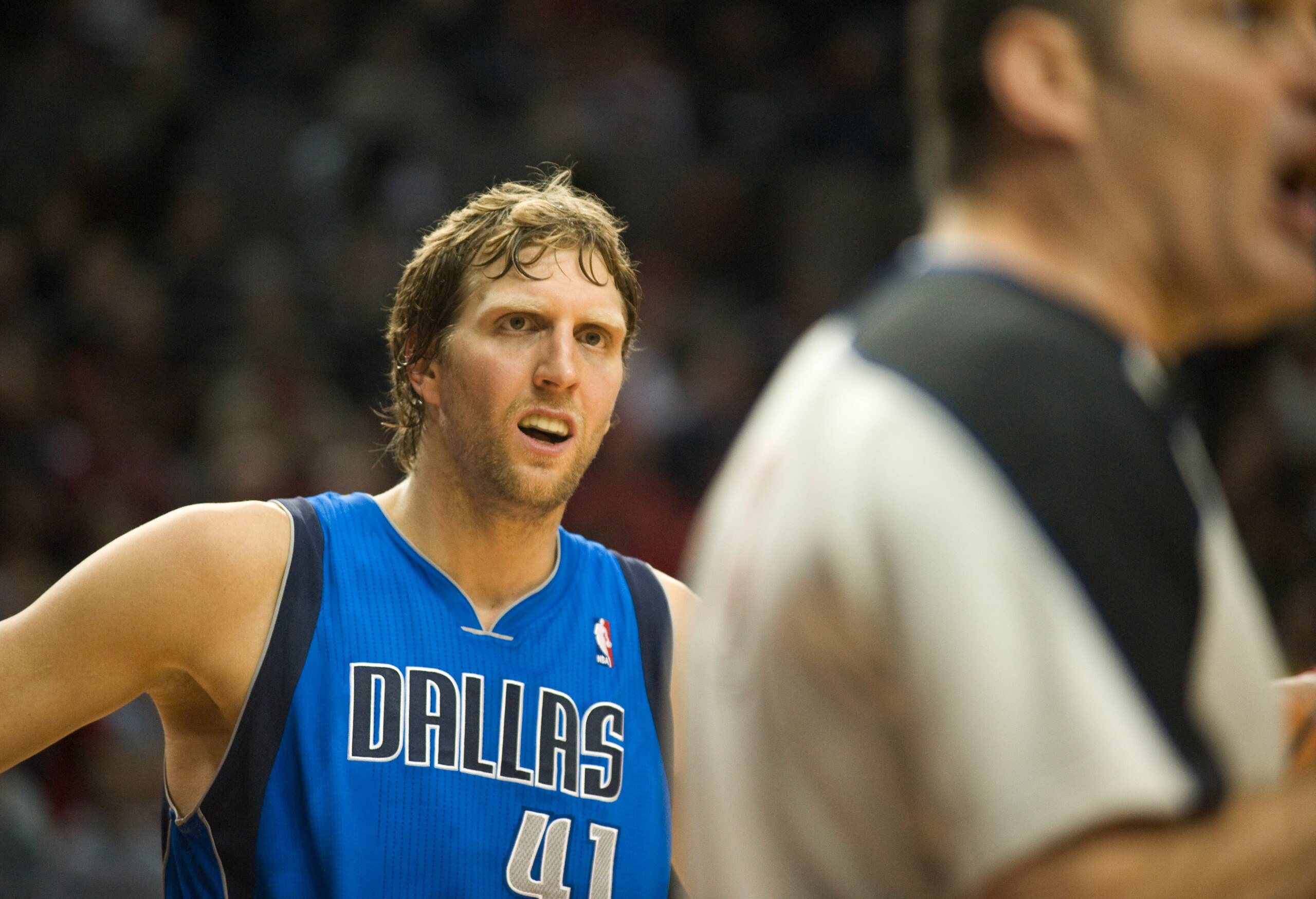 PORTLAND, OR - APRIL 28: Dirk Nowitski #41 of the Dallas Mavericks looks over at an official during the fourth quarter of Game Six of the Western Conference Quartefinals against the Portland Trail Blazers in the 2011 NBA Playsoffs on April 28, 2011 at the